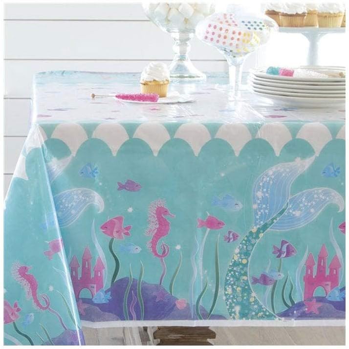 Magical Mermaid Multicolor Rectangular Plastic Table Cover (137cm x 213cm) 1 Piece - Vibrant Design, Perfect for Parties and Events, 54" x 84"