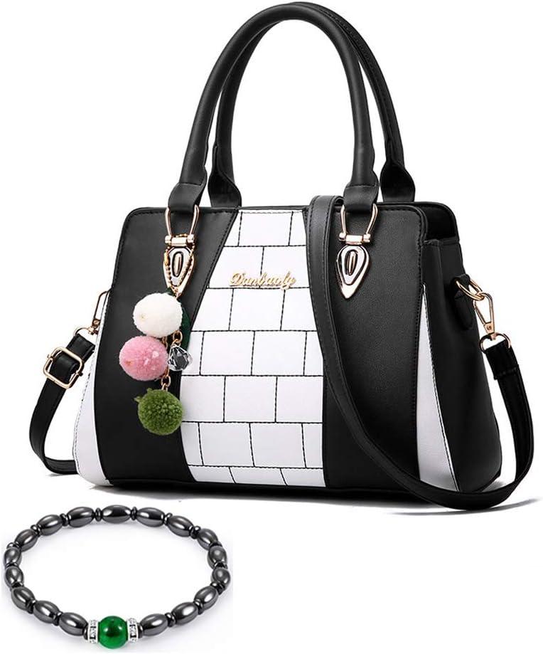 Samxu Ladies PU Leather Handbag with Shoulder Strap, Fashion Handbag Messenger Bag Lightweight with Pompon Pendant for Women Black