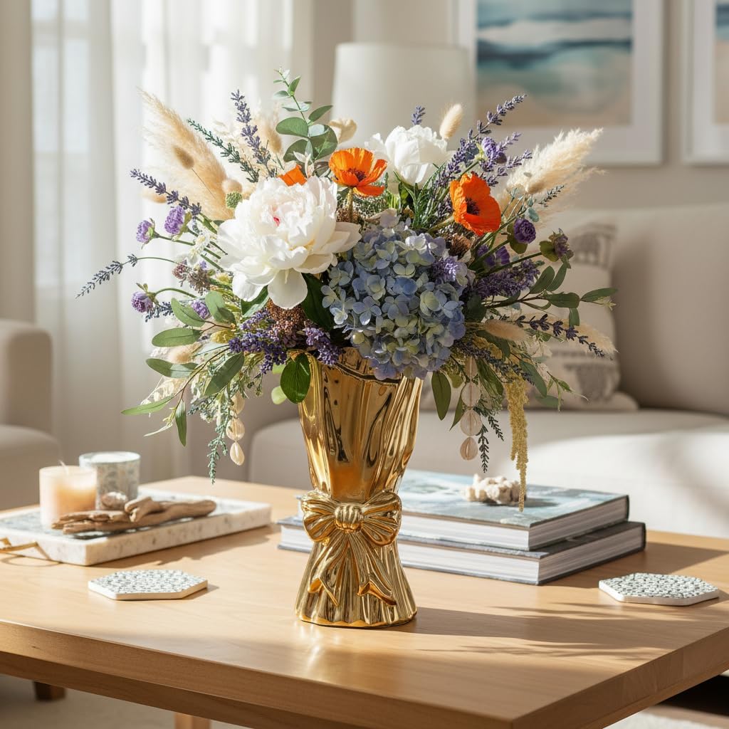 Ceramic Bow Vase,Gold Coquette Girly Bouquet Vase Aesthetic, 9.4 in Tall Wide Mouth Floral Vases for Fresh/Dried/Faux Flowers,Cute Home Decor for Home Living Room Table Shelf,for Mom Women (Gold)