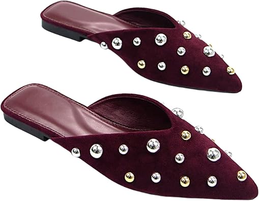 BEAUDRM Mules for Women Pointed Toe Shoes Studded Mules Slip on Faux Leather Flat Sandals Dressy Shoes