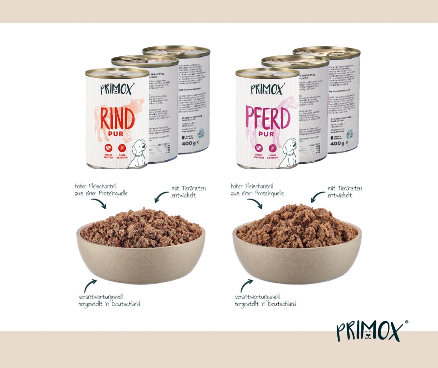 PRIMOX Hundefutter nass PUR Mix 1: Rind, Pute, Pferd & Huhn, 24x 400 g - Natürliches Nassfutter mit 70% Fleischanteil - Monoprotein-Quelle ohne Getreide & Zucker - Mit Tierärzten entwickelt