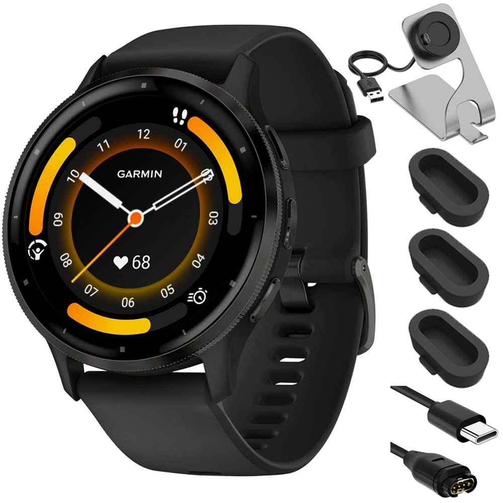 Garmin 010-02784-01 Venu 3 Health and Fitness GPS Smartwatch Steel Bezel with Black Case 45mm Bundle with Deco Essentials Charging Dock, Silicone Dust