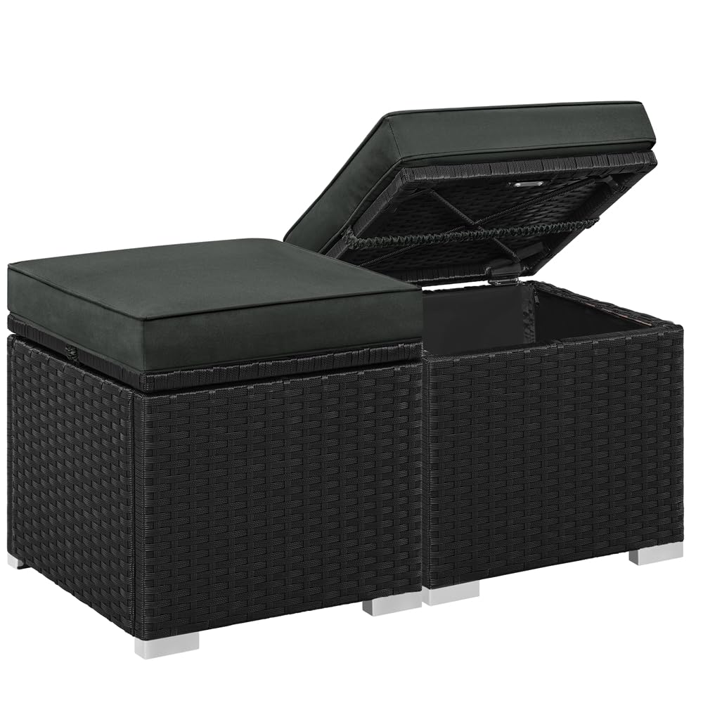 Yaheetech Poufs en Rotin pour Extérieur 2 pcs, Lot de 2 Ottomanes de Jardin en Rotin de Rangement avec Coussin 40 x 40 x 41 cm pour Amenagement Balcon Terrasse Noir/Gris