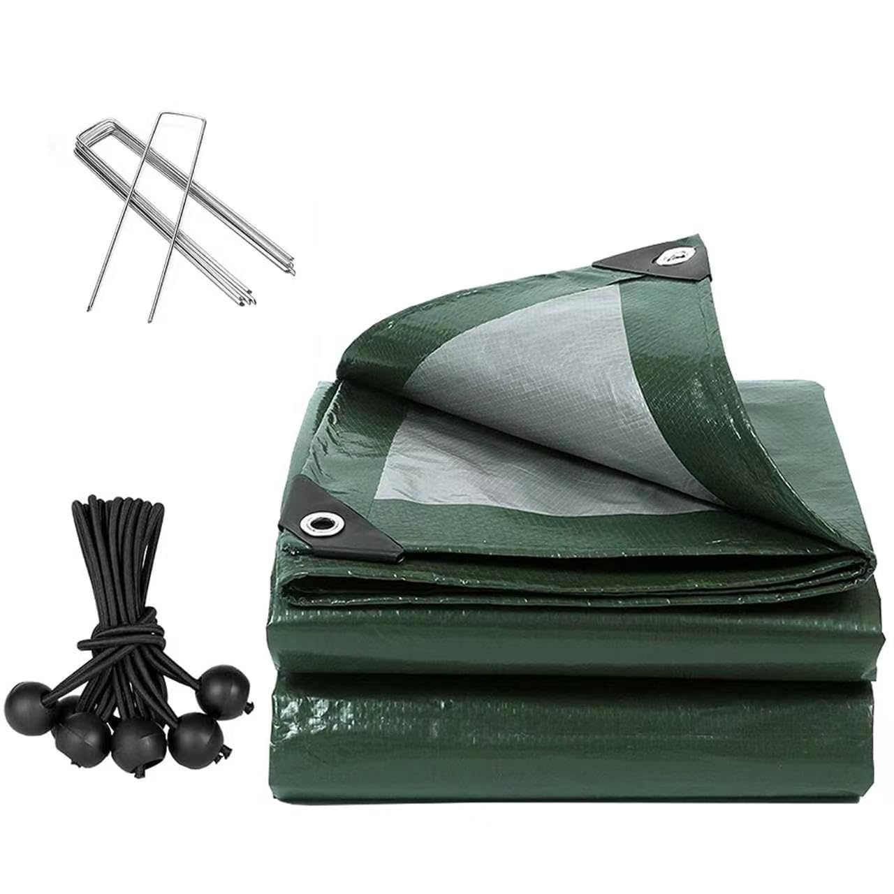 130GSM Waterproof Heavy Duty Tarpaulin, 3x5m Large Green PE Sheet, UV & Tear Resistant with Reinforced Eyelets, Includes 8 Bungee Balls & Stakes, Protective Cover for Car, Pool, Garden, Camping