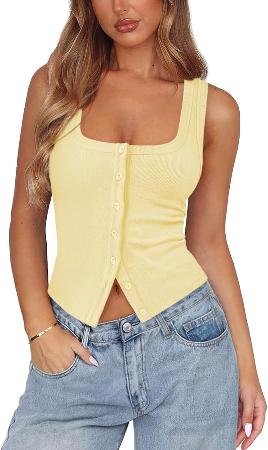 Womens Ribbed Button Down Tank Tops for Women Trendy Knit Fitted Button Up Crop Vest Square Neck Cute Going Out Top