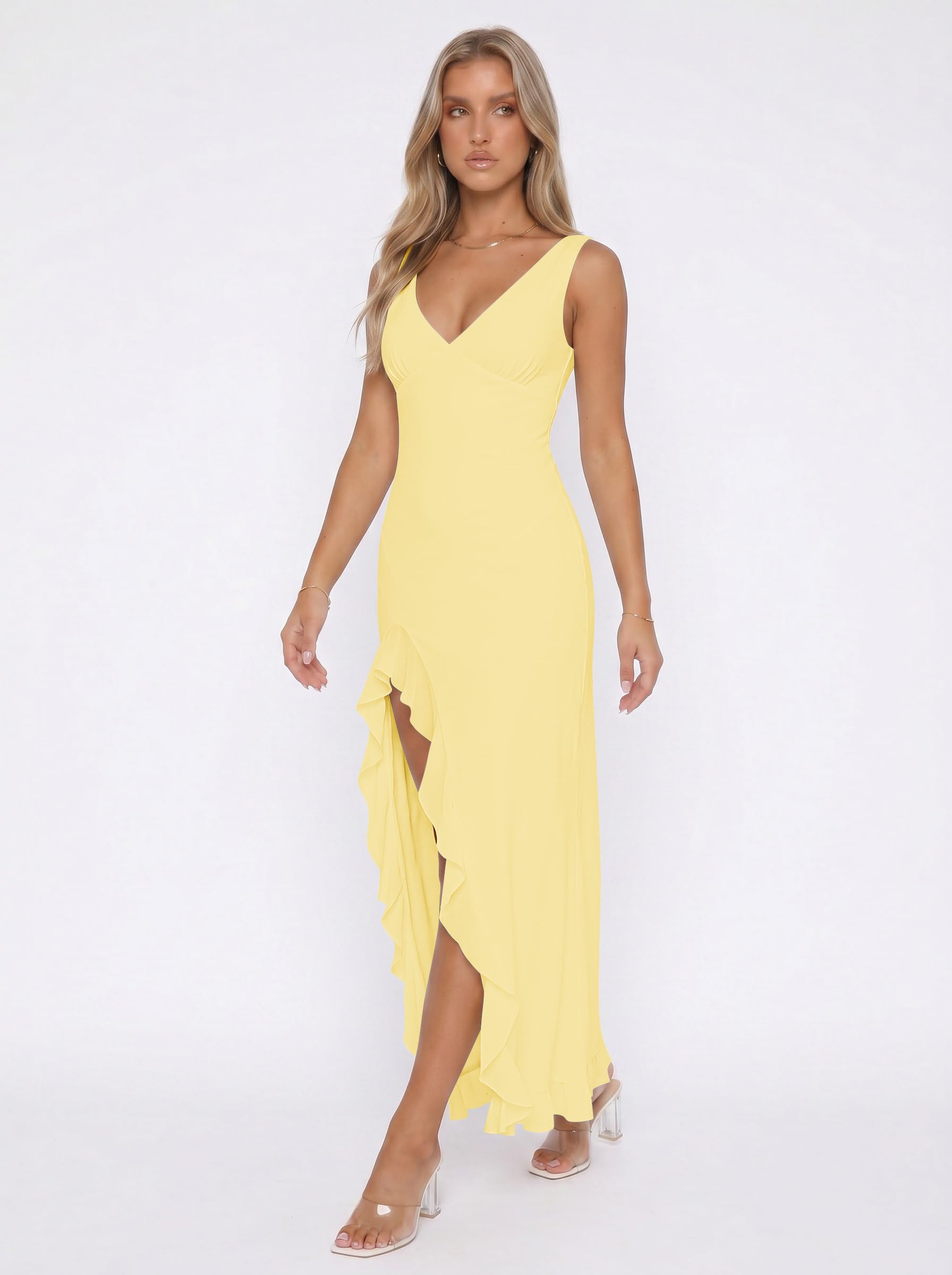 Robe Femme Chic et Elegant sans Manches Col V Maxi Robes en Maille Sexy Robe Longue Moulante d'Été avec Fente et Volants Casual Dos Nu Robes de Soiree Cérémonie Mariage Invité Cocktail Bal
