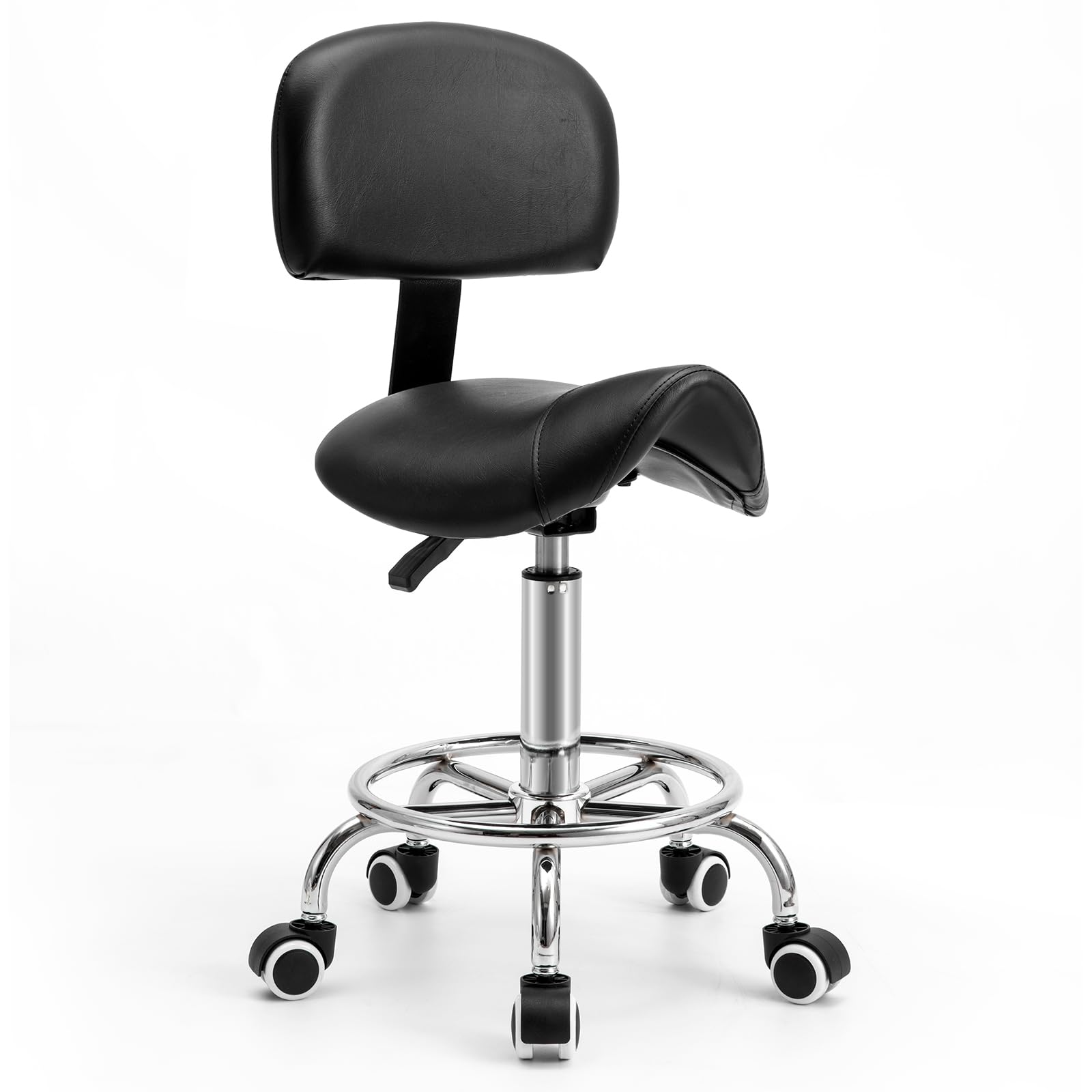 YEEZEE Sattelhocker mit Lehne Ergo verstellbar für Büro & Kosmetik | Sattelstuhl ergonomisch, 49-61cm verstellbar, 120kg Traglast, PU-Leder, 43cm stabile Basis, Fußstütze, für Salon & Praxis