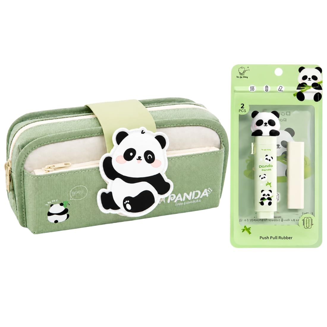 Panda Pencil Pouch with Push Pull Eraser Set for Kids | Cute Green Stationery Combo | Large Capacity School Pencil Case for Girls Boys | Kawaii Panda Retractable Eraser Set-image-27