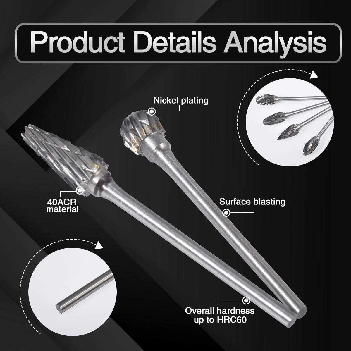 Set 10 Frese Rotanti In Carburo Katur - Per Dremel, Intaglio Legno E Metallo, Gambo 2.35mm, Lunghezza 40mm - Foto 5