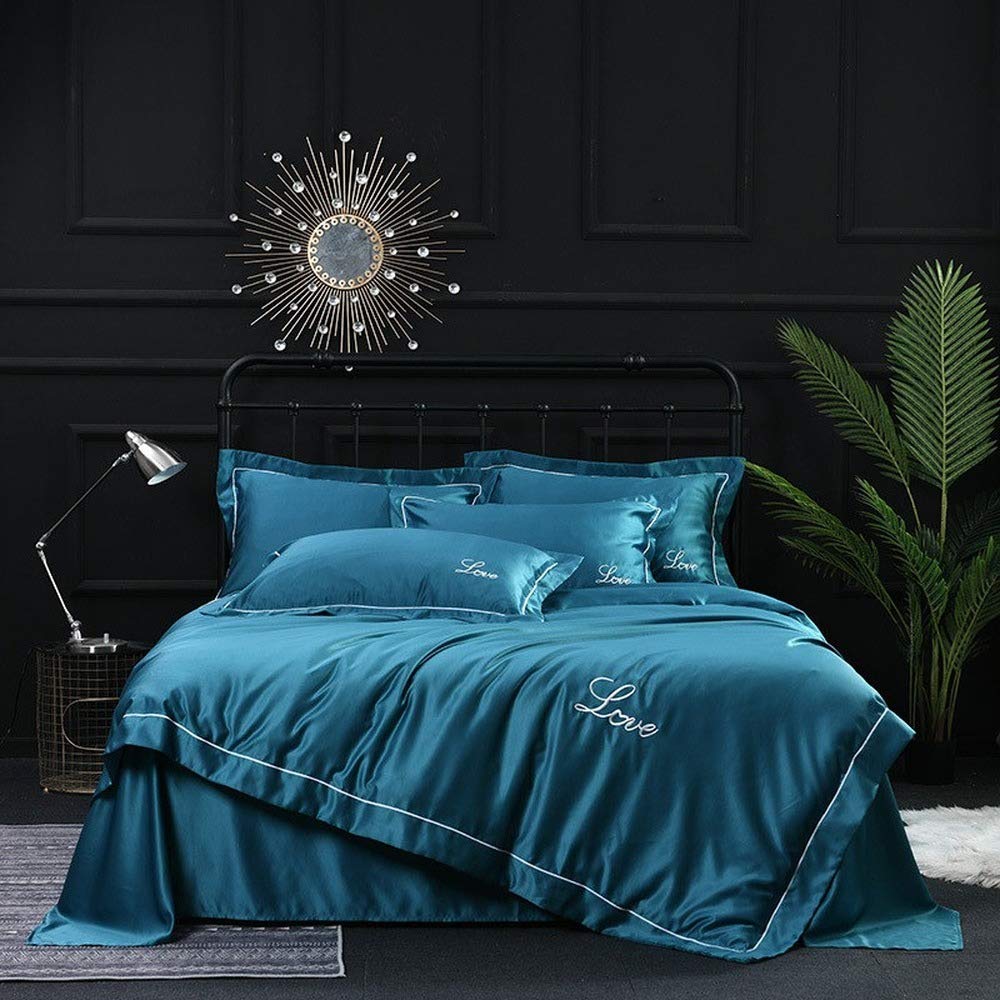 Parure de lit soie anti-frottement bleue grand lit 4 pièces