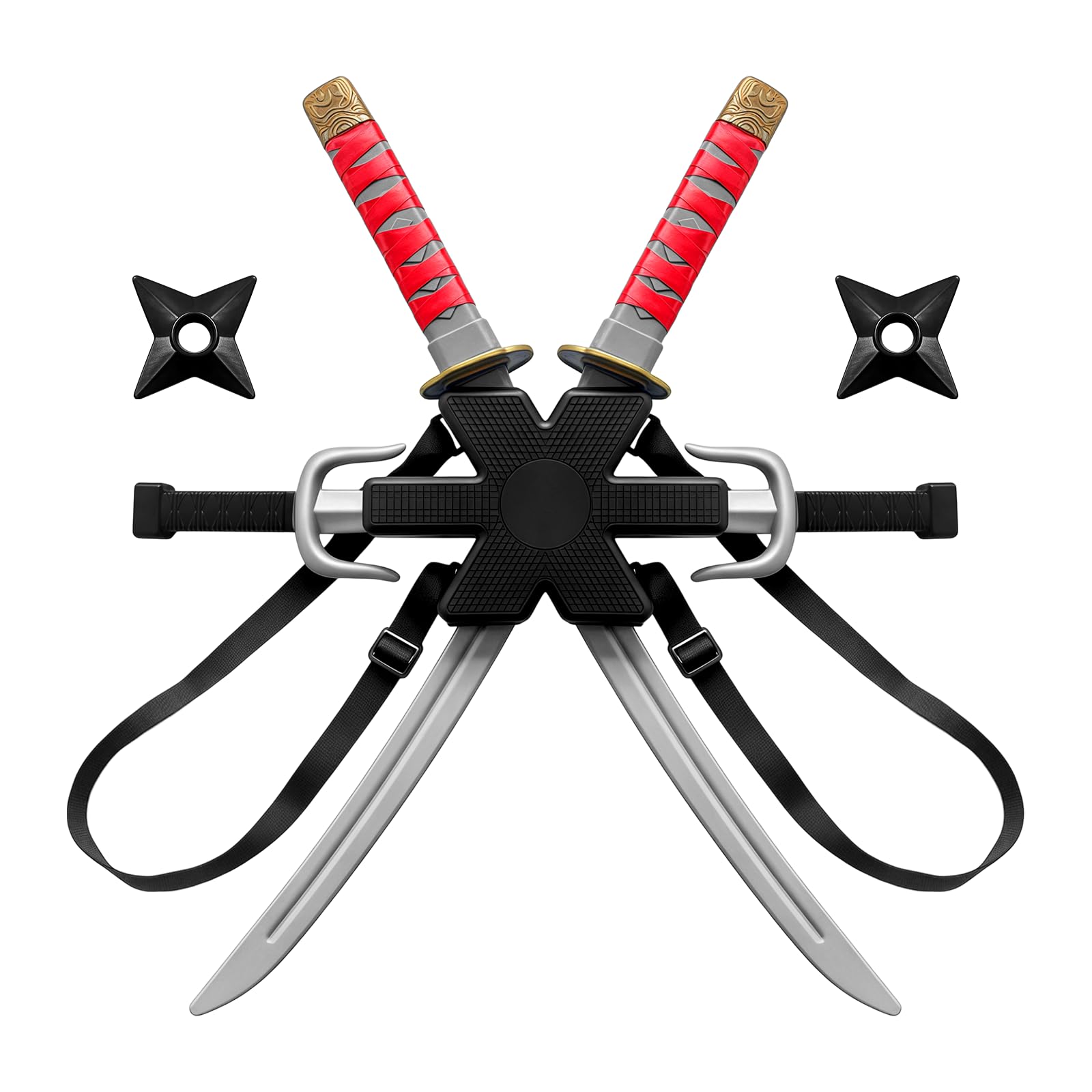 JUFYVO 7 Pcs Ninja Backpack Katana Red Ninja Swords with Back Harness Double Costume Prop Accessory Warrior Toy Weapons with Back Strap for Halloween Cosplay Accessory