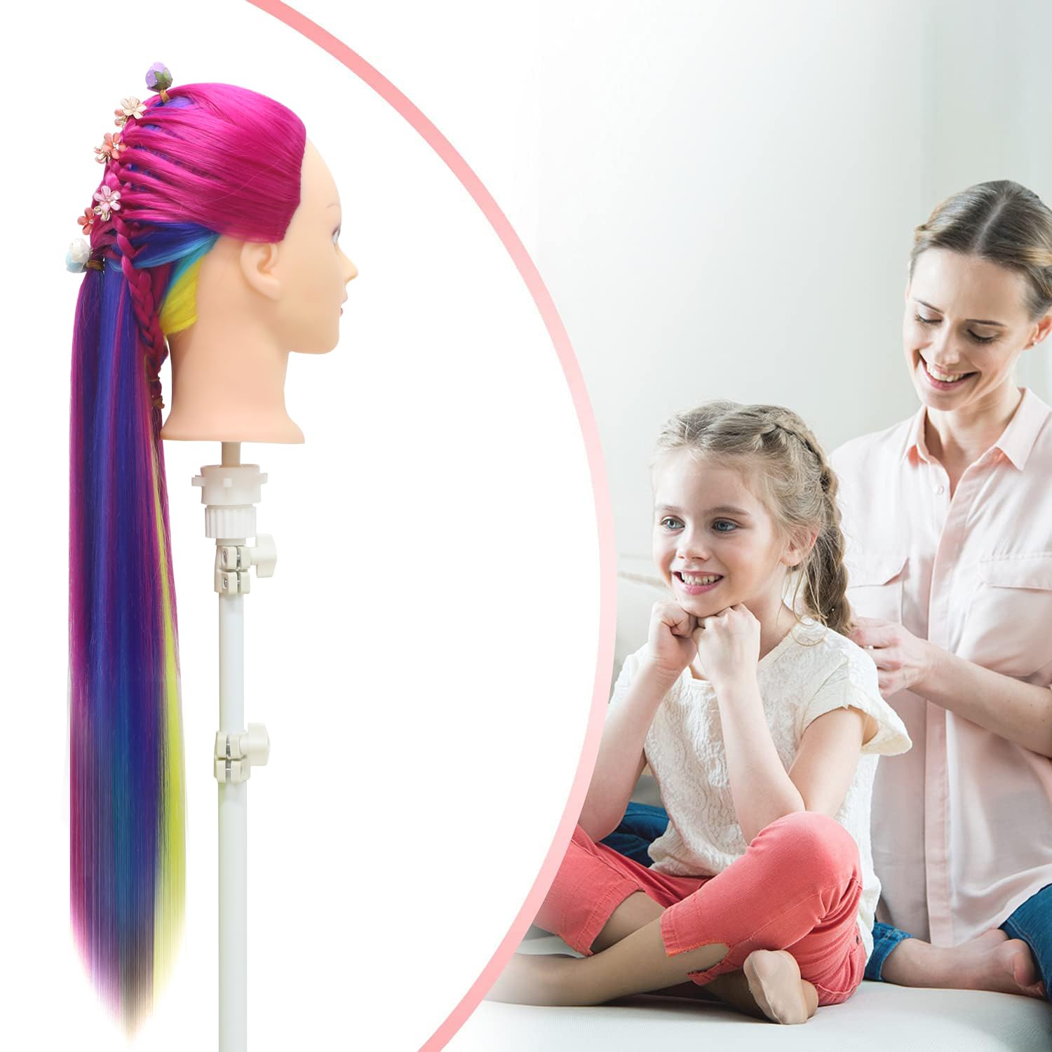 Głowa treningowa, 71 cm, głowa ćwiczebna, głowa fryzjerska, 100% włókna syntetyczne, do stylizacji włosów, z bezpłatnym zaciskiem i zestawem DIY do zaplatania (kolor tęczy)