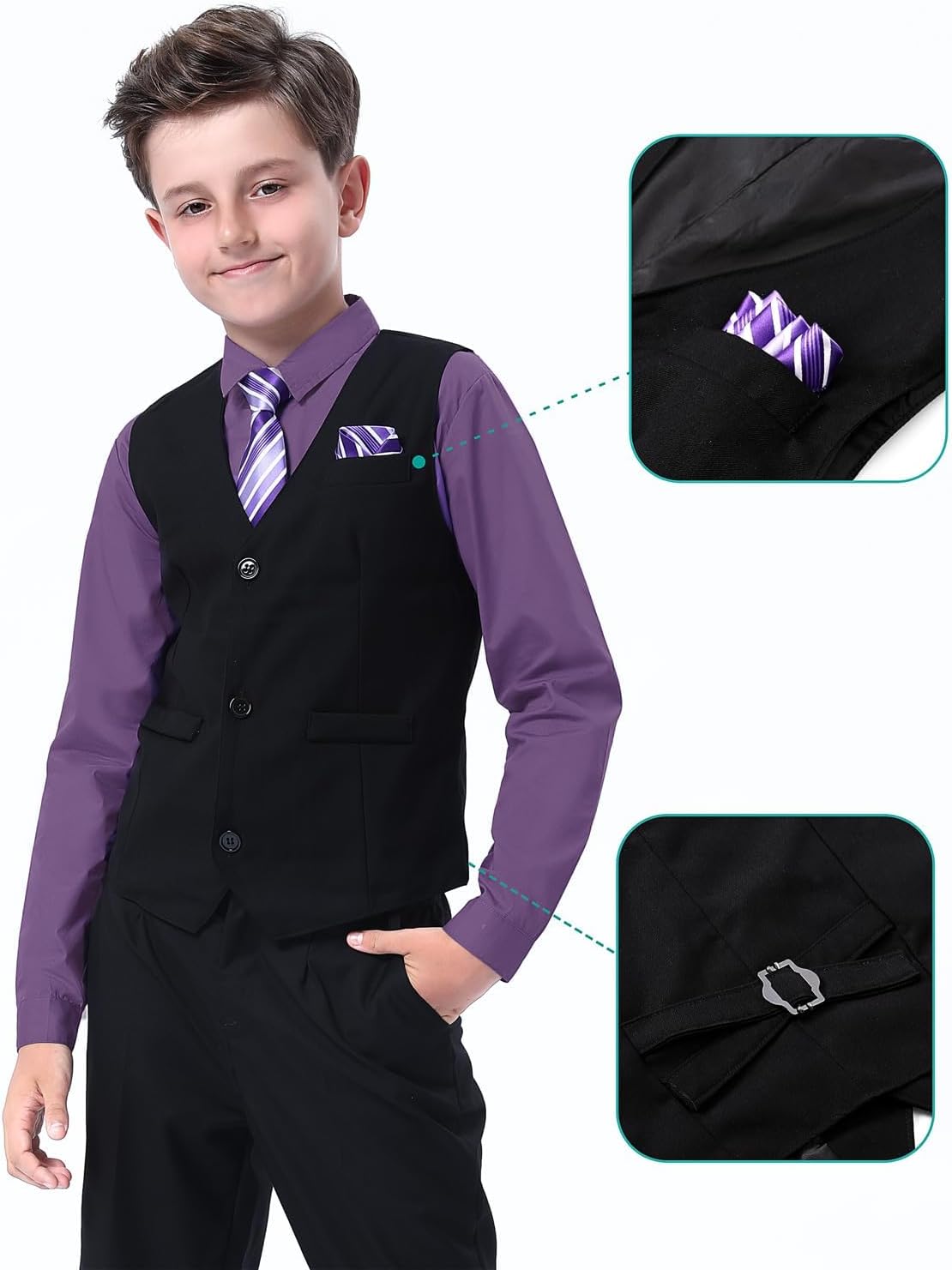 A&J DESIGN Boys 6-Piece Formal Suit Vest and Pant Set with Dress Shirts, Vest, Pants, Tie, Bowtie and Pocket Square