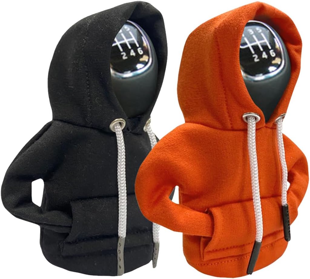 JOYCOURT 2PCS Car Gear Shift Cover, Winter Warm Fashionable Hoodie Car Shift Knob, Auto Decor Interior Accessories Shift Knob for Car, SUV, Truck (Black&Orange)