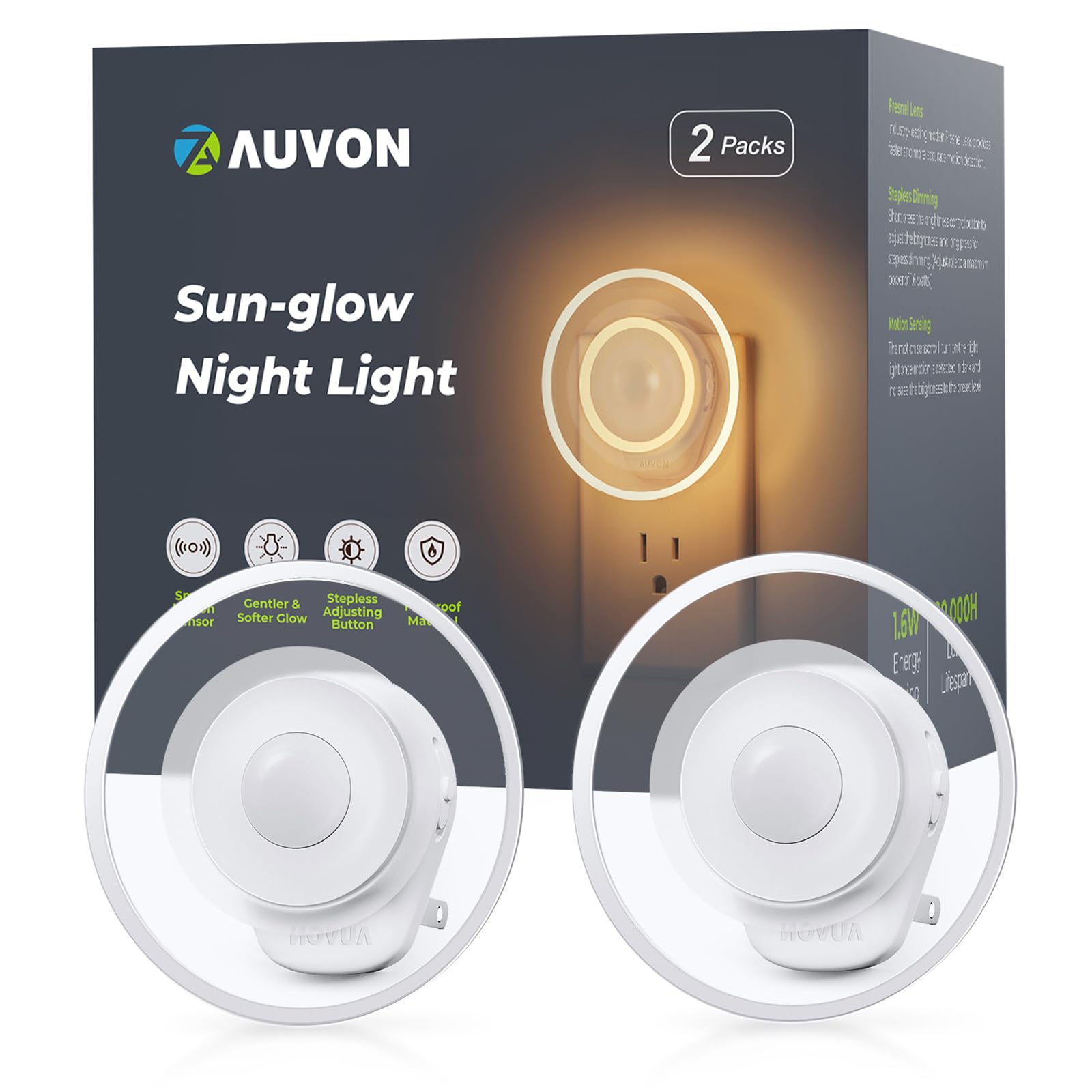 AUVONSun-Glow Motion Sensor Night Light, Adjustable LED Night Lights Plug into Wall with 1-60 lm, Warm White Ambient Lighting, Plug in Night Light for Bathroom, Hallway, Bedroom, Kitchen, 2 Packs