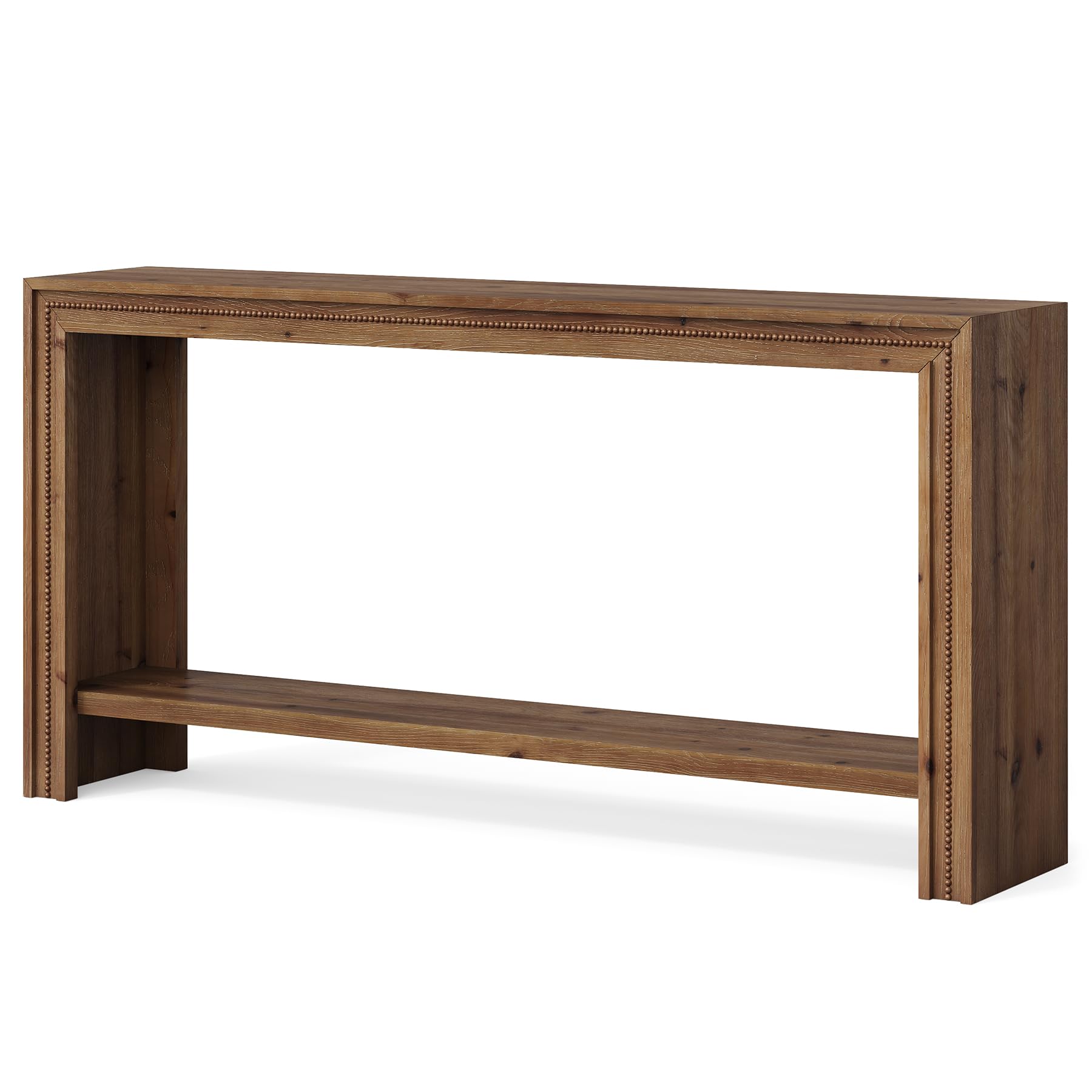 Stół konsolowy z litego drewna 160 cm, rustykalny do przedpokoju z 2 półkami, wąski stół za kanapę do salonu, przedpokoju, korytarza, prosty montaż, brązowy