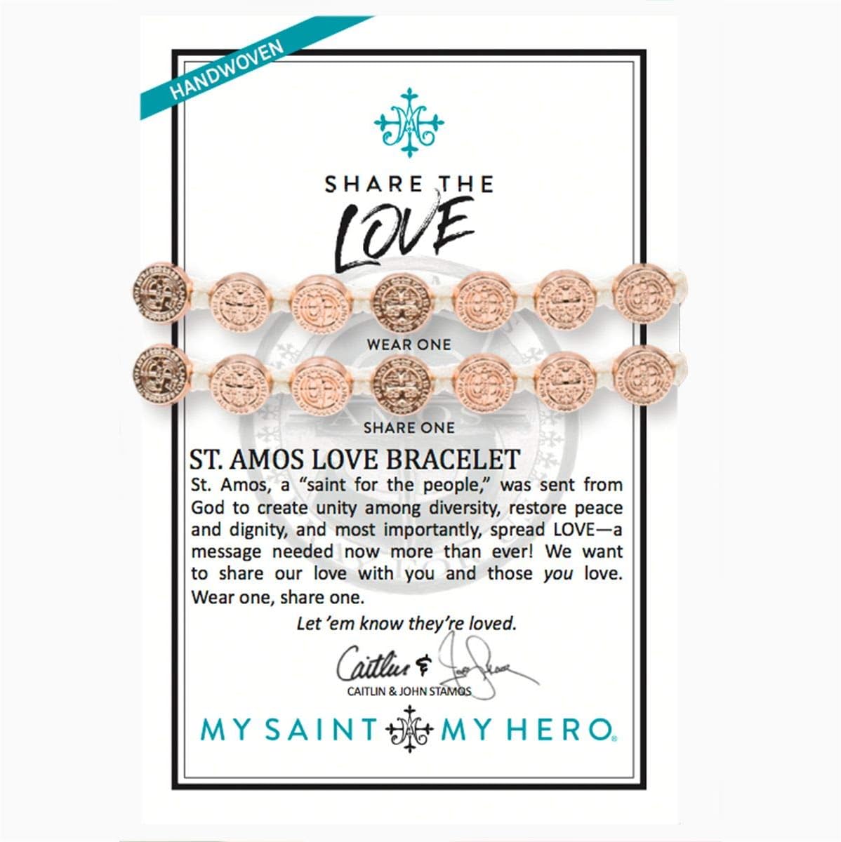 My Saint My Hero St. Amos Share the Love Bracelet Set - Rose Gold-Tone Medals on White Cording