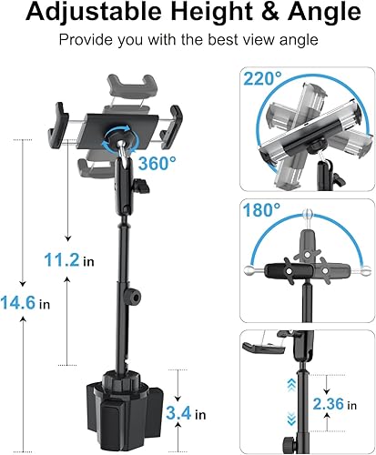 Miniatura 2 de Soporte de vaso para tablet de automóvil, resistente, brazo de ajuste de altura de metal, soporte universal para taza de camión, clip para iPad Pro