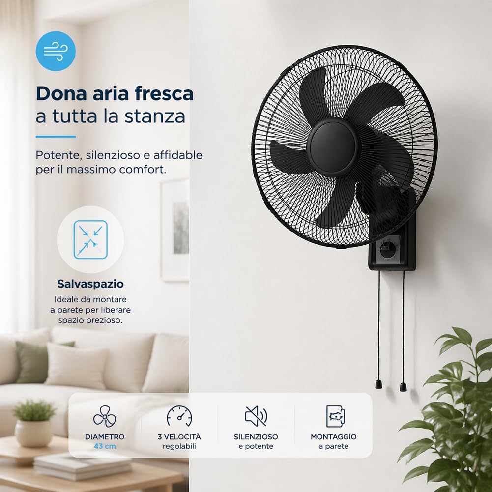 BAKAJI Wandventilator mit Gitter von 43 cm, 3 wählbare Geschwindigkeitsstufen, 5 Flügel, 65 Watt Leistung mit automatischer seitlicher Oszillation, schwarz