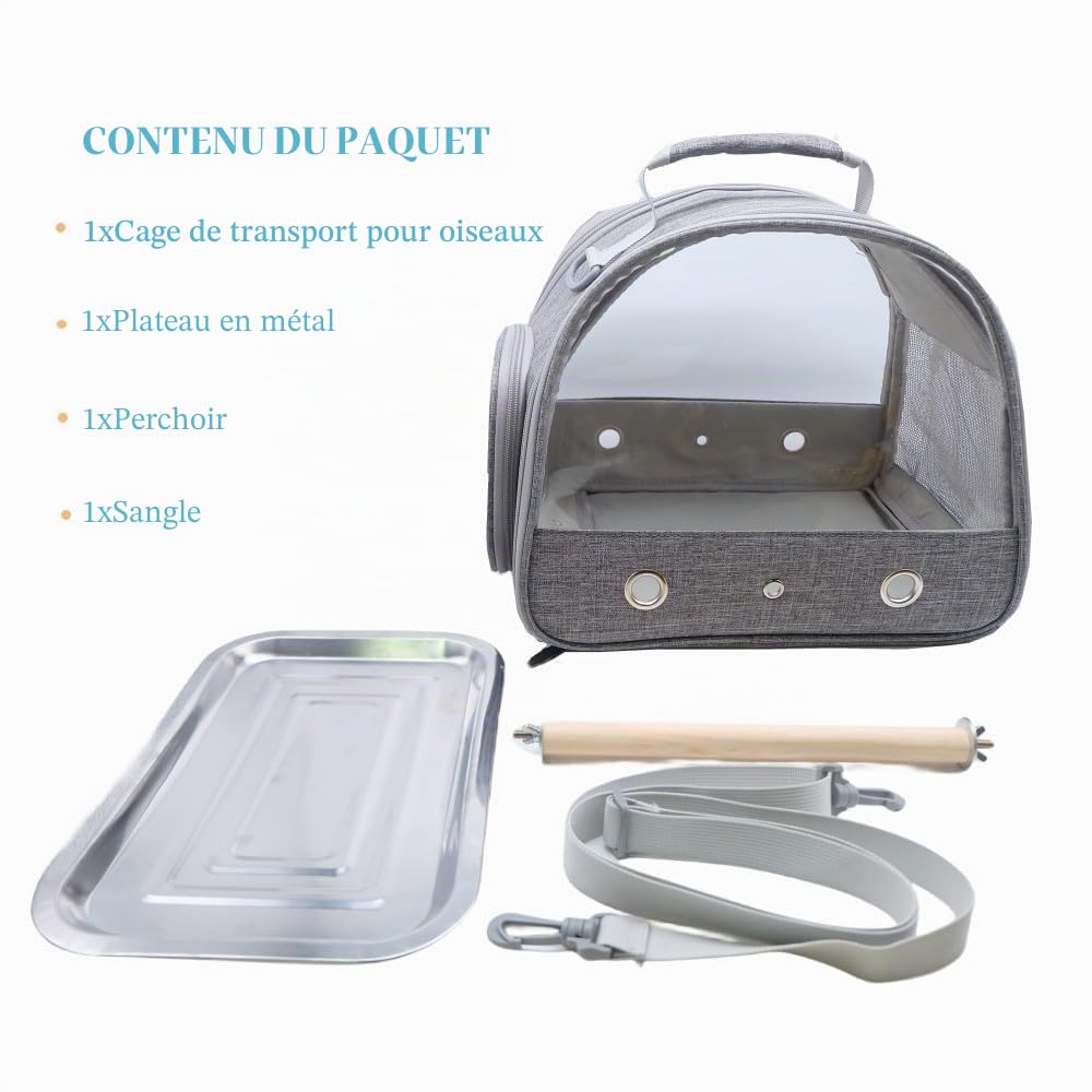 Cage de transport pour oiseaux avec perchoir debout et plateau en acier inoxydable, sac de transport pliable respirant pour petits oiseaux pour perroquets, perruches, petits animaux pour voyage