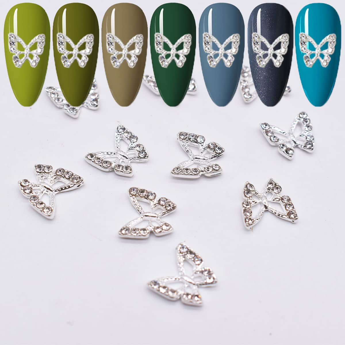 LIFOOST 10Pcs Silver Burrerfly Nail Rhinestones Charms for Nail Art 3D Crystals Diamonds Metal Charms Gems Stones for Acrylic Nail Decorations