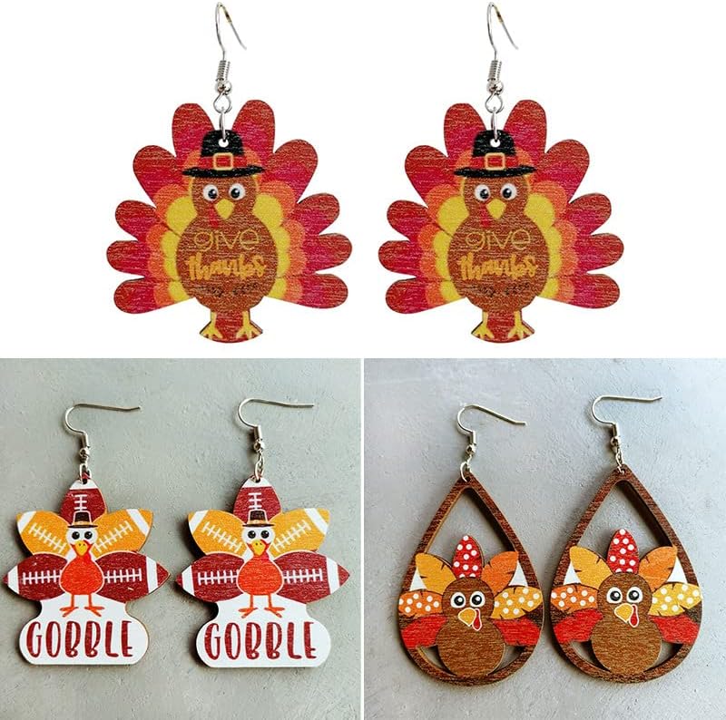 Miniatura 3 de Caiyao Lindos aretes de madera de pavo de dibujos animados de Acción de Gracias para mujeres y niñas ligeros aretes de Acción de Gracias resina