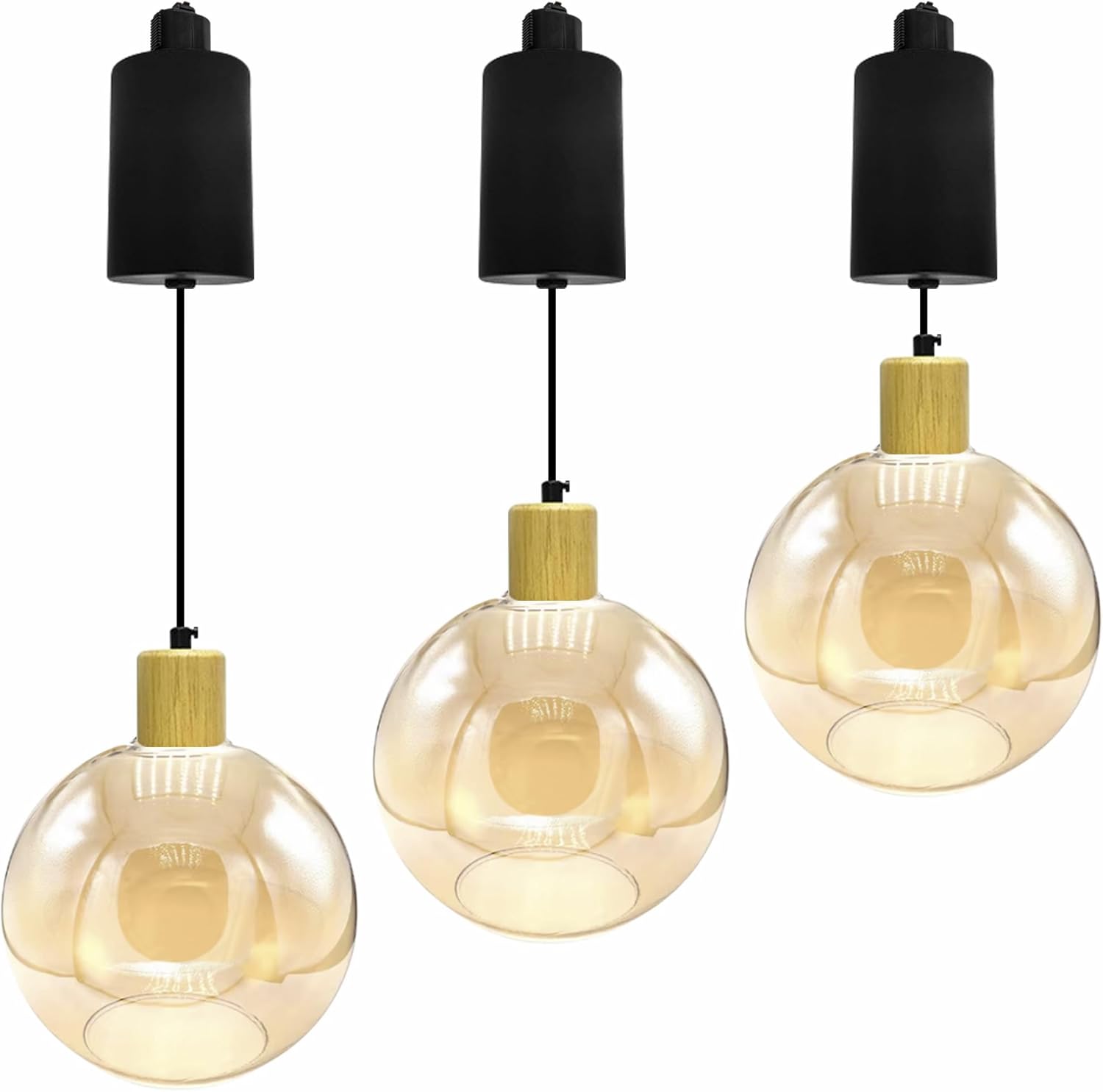 Adjustable Height Halo Track Lighting Pendants, 6.5 ft Cord, H-Type Dimmable Vintage Natural Wood E26 Socket Chandeliers Amber Glass Globe for Kitchen Island Vaulted Ceiling
