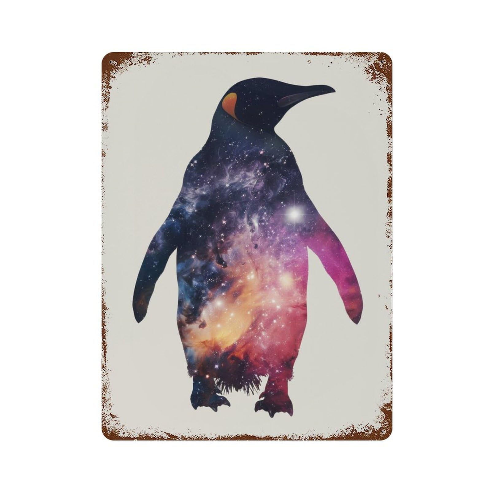 Weathered Tin Sign with Penguin Silhouette Galaxy Design 15.7"x11.8", for Basement, Hobby Room And Garage Decor, Industrial Home Decor