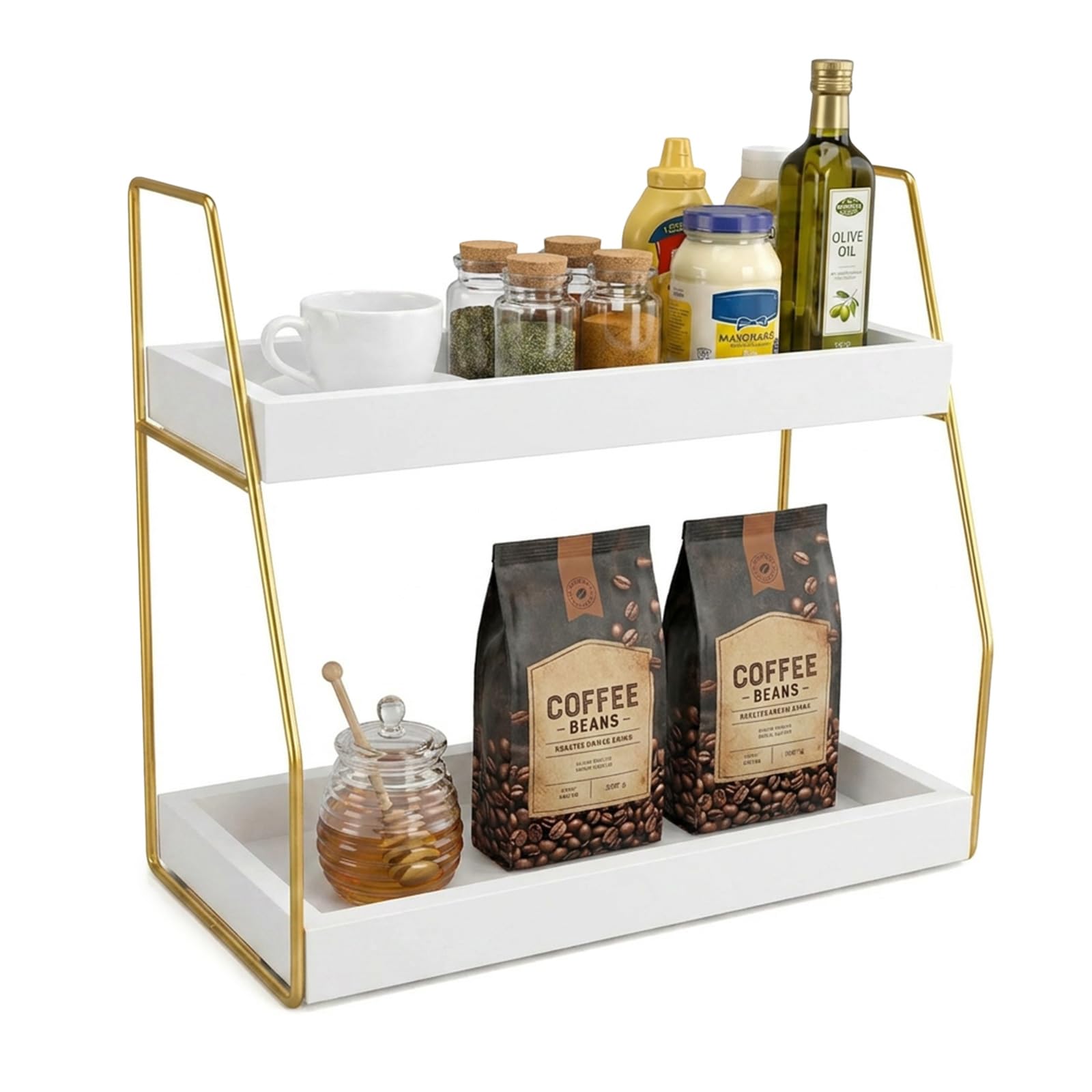 Kitchen Countertop Organizer, 2 Tier Wood Coffee Station Organizer for Coffee Bar Accessories, Bathroom Organiser Countertop for Skincare Perfume Vanity, Large Capacity Spice Rack Storage (White)