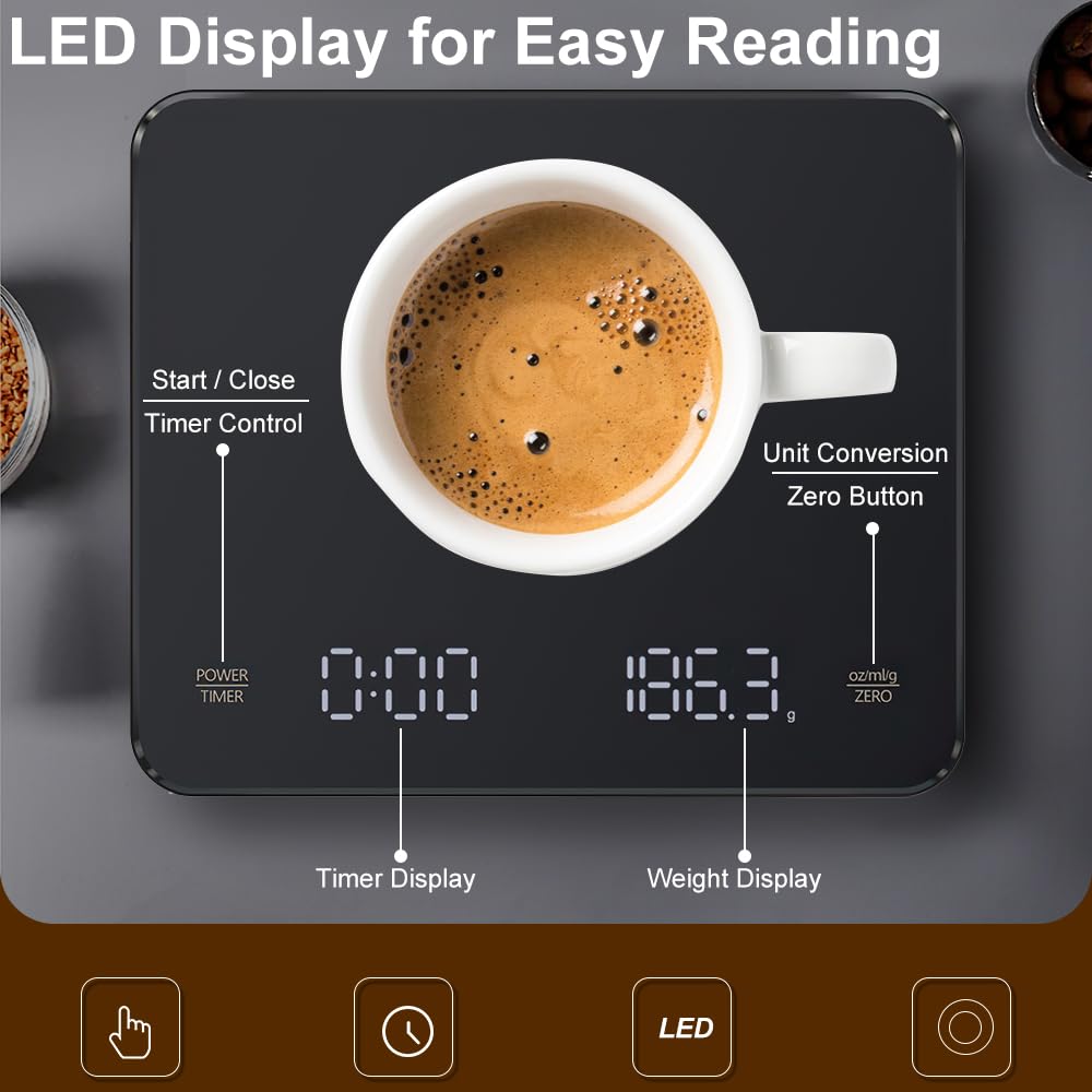 OBEST Mini Bilancia per Caffè con Timer, 3kg/0,1g Bilancia con Precisione | Bilancia Digitale Ricaricabile per Caffè, Bilancia Elettronica Portatile da Cucina con Display a LED e Timer Automatico