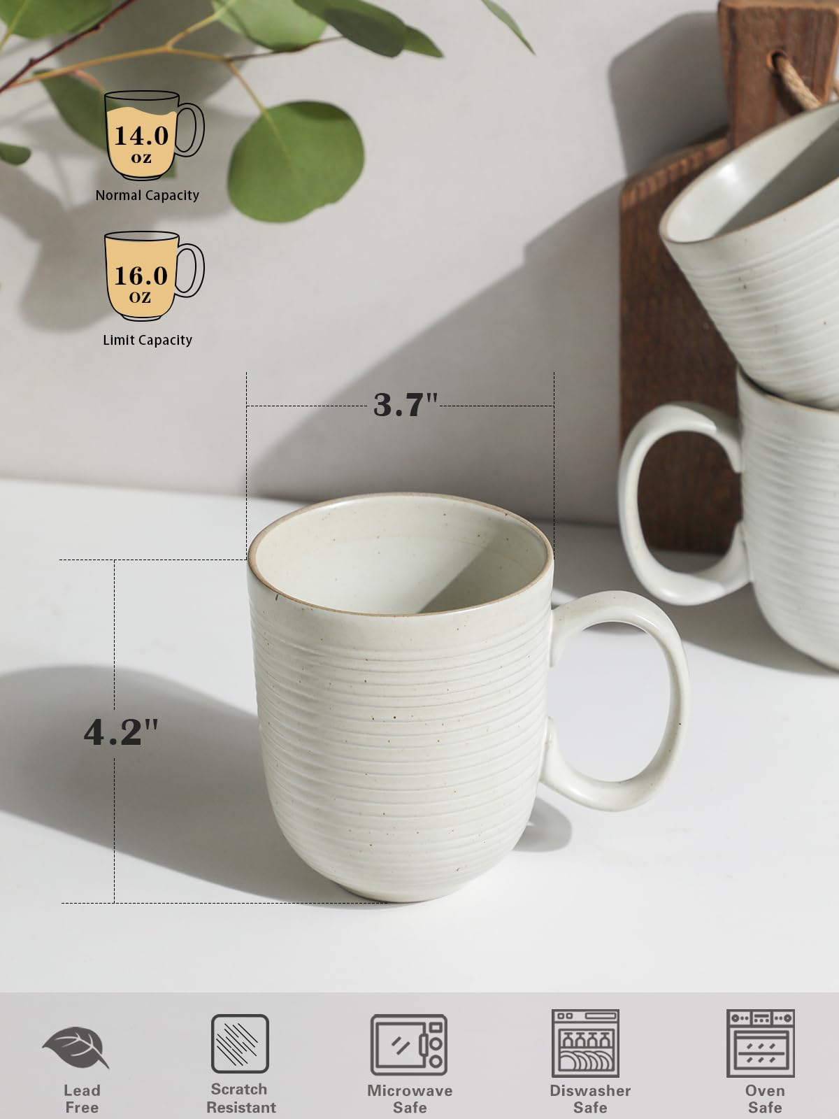 Kanwone Coffee Mugs 16 oz, Stoneware Mug Set, Ceramic Coffee Cups with Large Handles, Porcelain Mugs for Latte, Hot Tea, Cappuccino, Milk, Cocoa, Dishwasher Safe - Set of 6, Neutral White