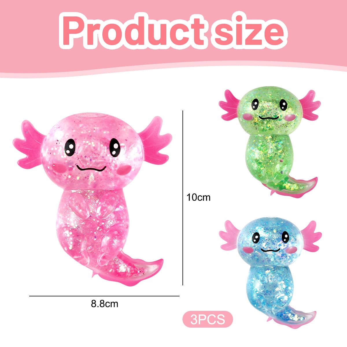 3 sztuki Axolotl Squeeze Toy - Redukcja i relaks stresu, błyszcząca Axolotl Anti -Stress Toy Squishy, ​​Squishy Squeeze Toys, Fidget Toys (zielony, niebieski, różowy) dla dzieci dorosłych