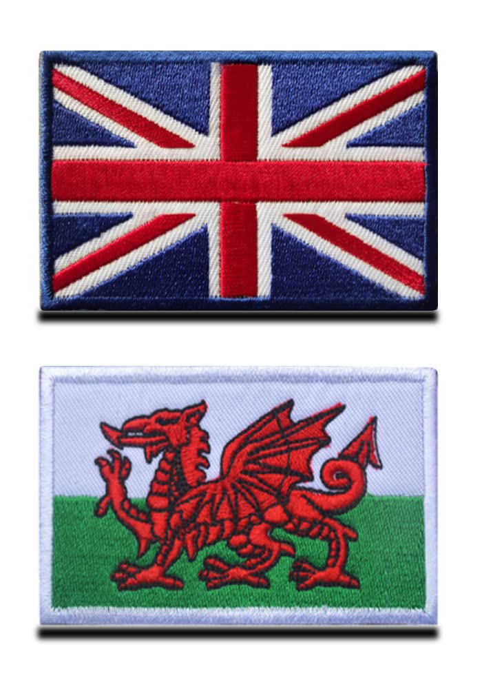 Zcketo 2 PCS United Kingdom Great British Union UK Patch and Wales Dragon Patch Hook and Loop Embroidered National Emblem Patch for Football Clothes Jersey Backpack Caps Travel Tactical