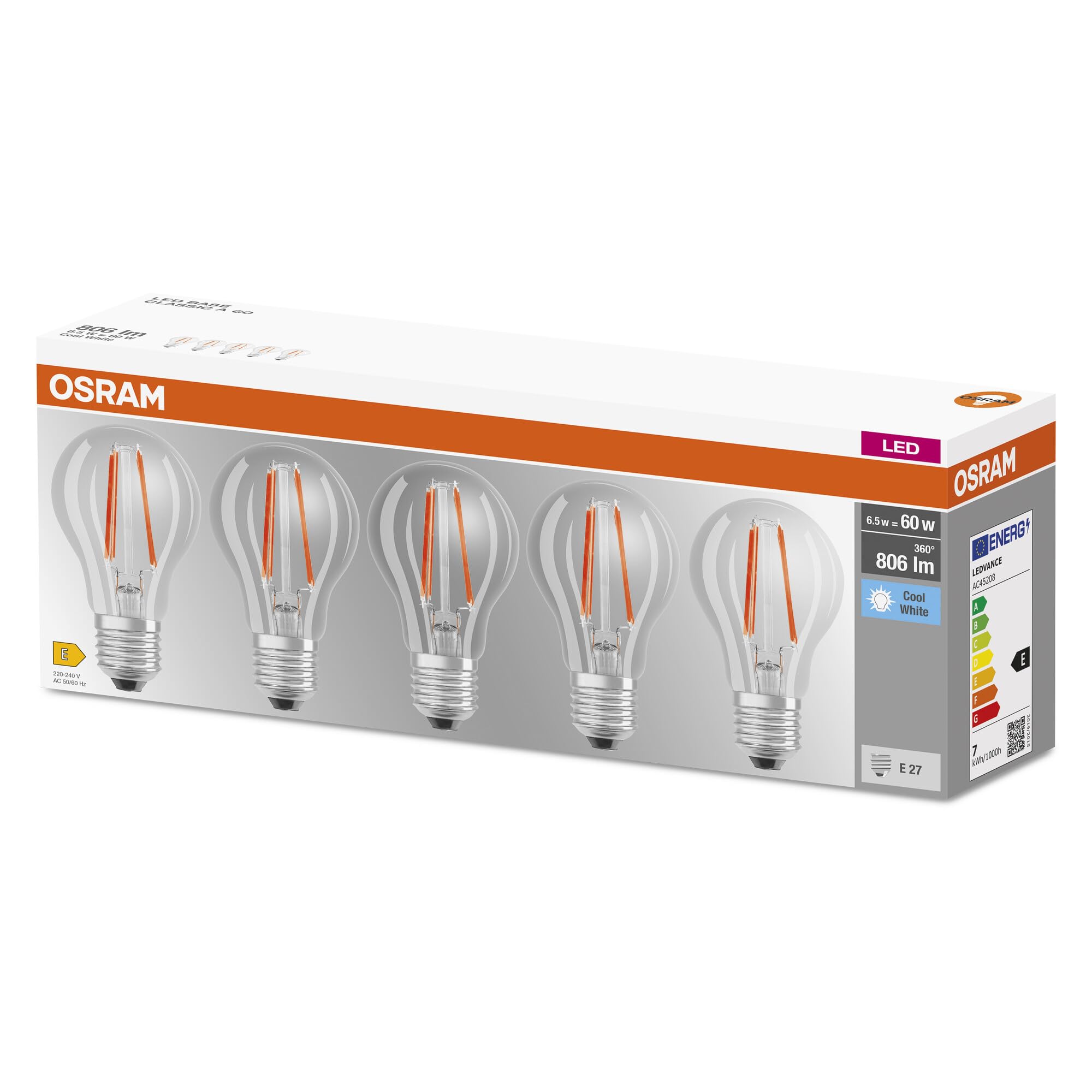 OSRAM LED BASE Classic A60, przezroczyste żarówki LED ze szkła na trzonek E27, kształt żarówki, chłodna biel (4000K), 806 lumenów, zastępuje tradycyjne żarówki 60W, pudełko 5 szt.