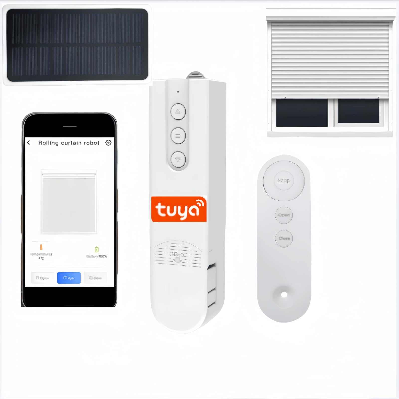 Motor para persianas TuyaSmart, Control por Voz, Mecanismo automático para persianas enrollables y Cortinas elevables, con opción de Carga Mediante Panel Solar.