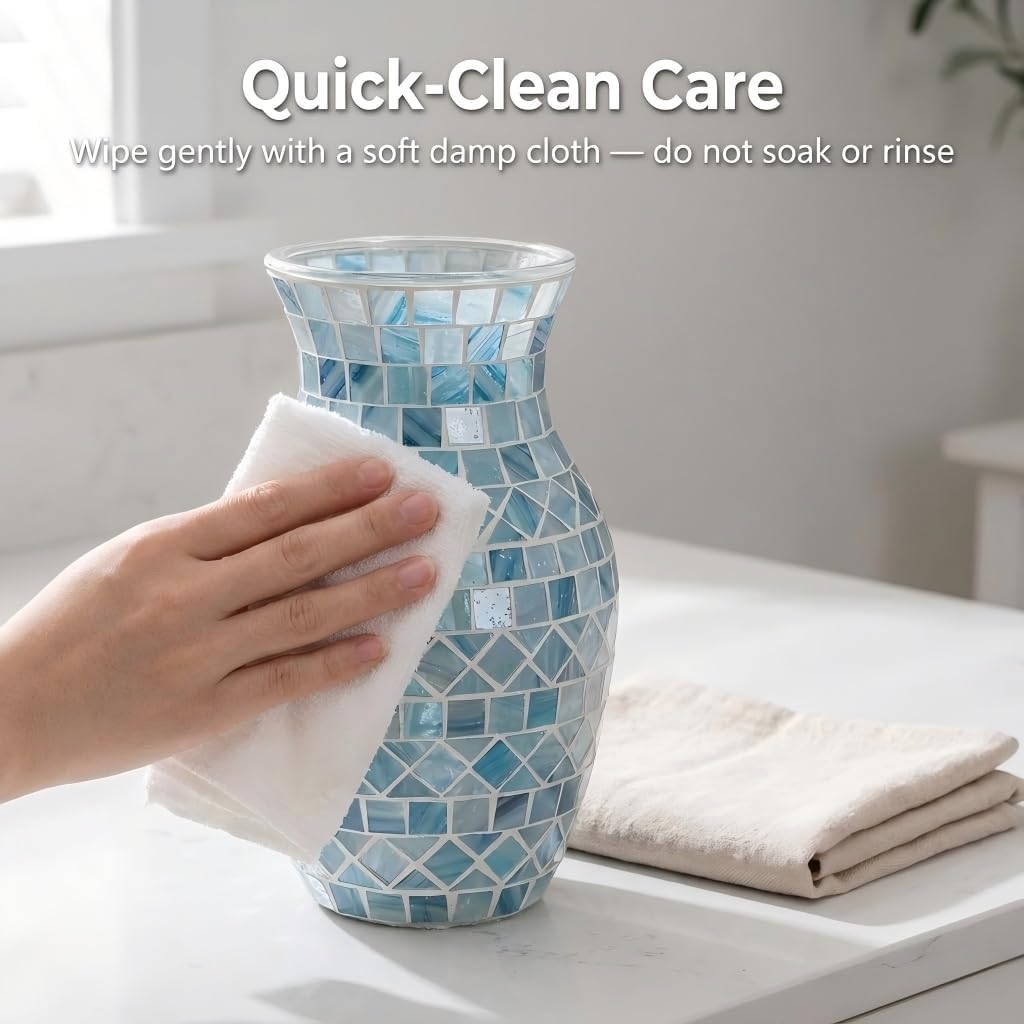 Blue Vases for Home Decor, 8 Inch Light Blue Mosaic Vase, Decorative Glass Flower Vases for Centerpieces Living Room Bedroom Bookshelf Decor