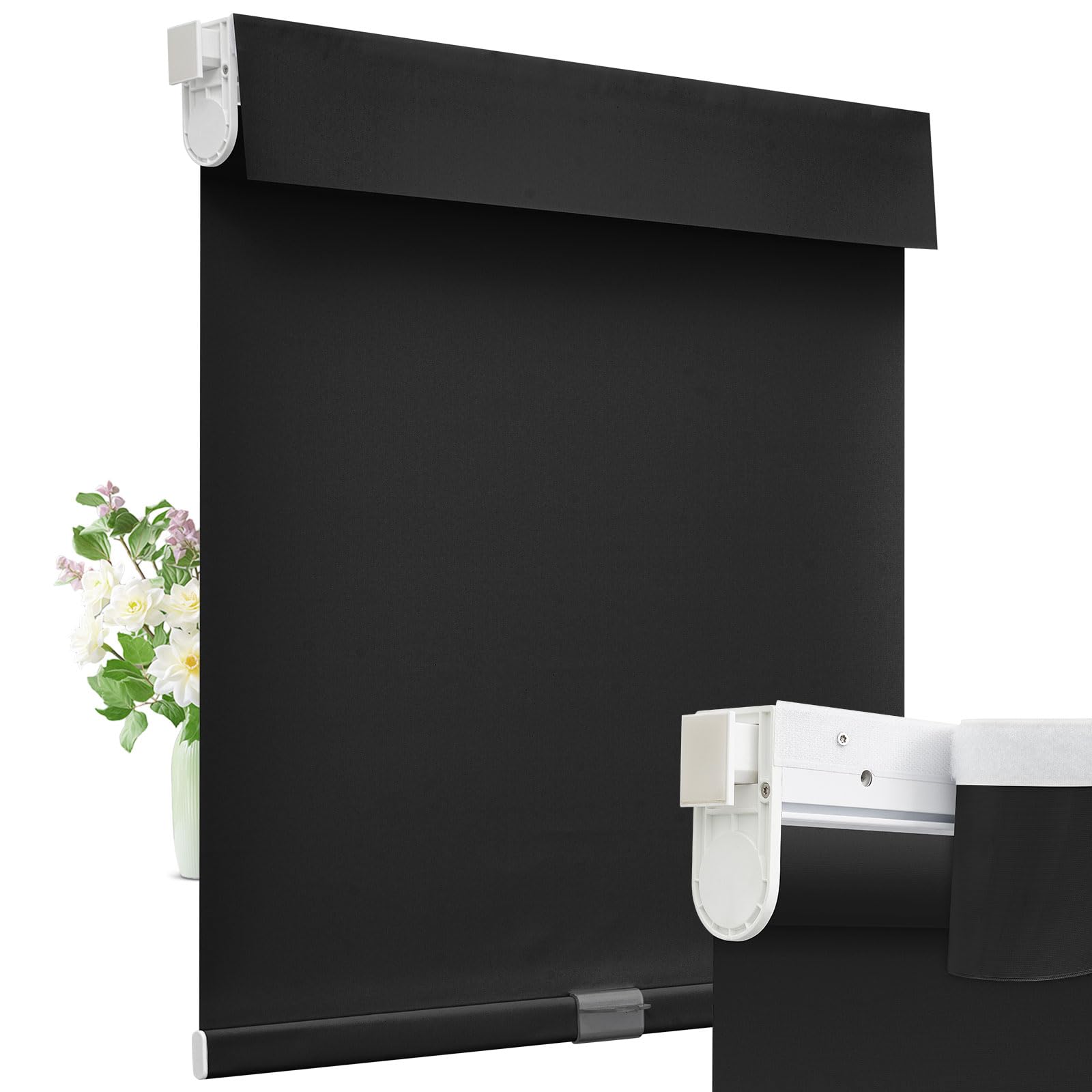Moonice Cordless Roller Blinds No Drill Blinds for Windows Valance Blackout Shades Thermal Insulated Easy to Install Waterproof Window Shades for Home Kitchen Bathroom (Black, 71cm W x 183cm H)