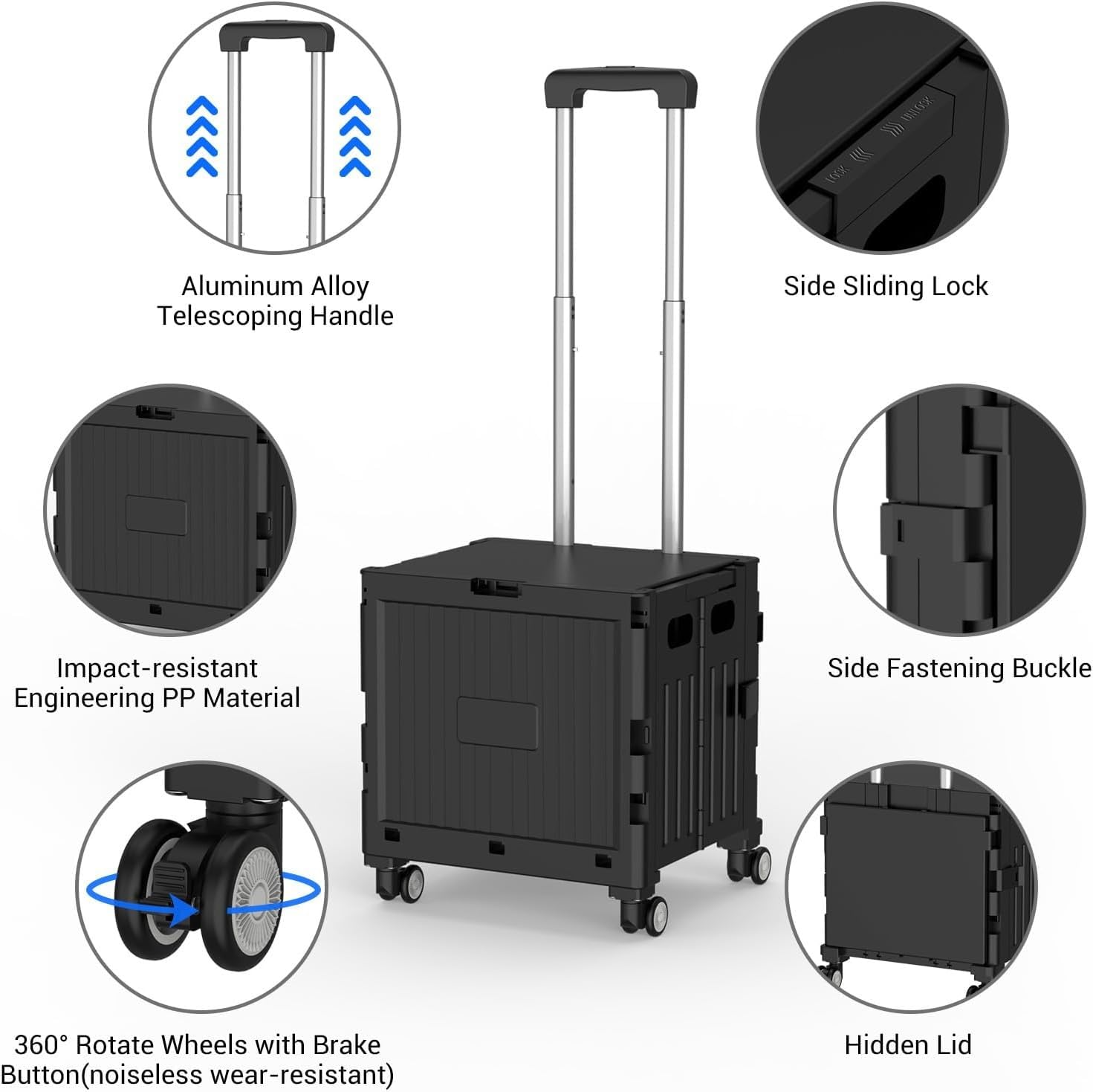 Carrito de la compra de 4 ruedas con rotación de 360° y mango telescópico, carrito plegable ideal para camping, compras, viajes y aventuras al aire libre