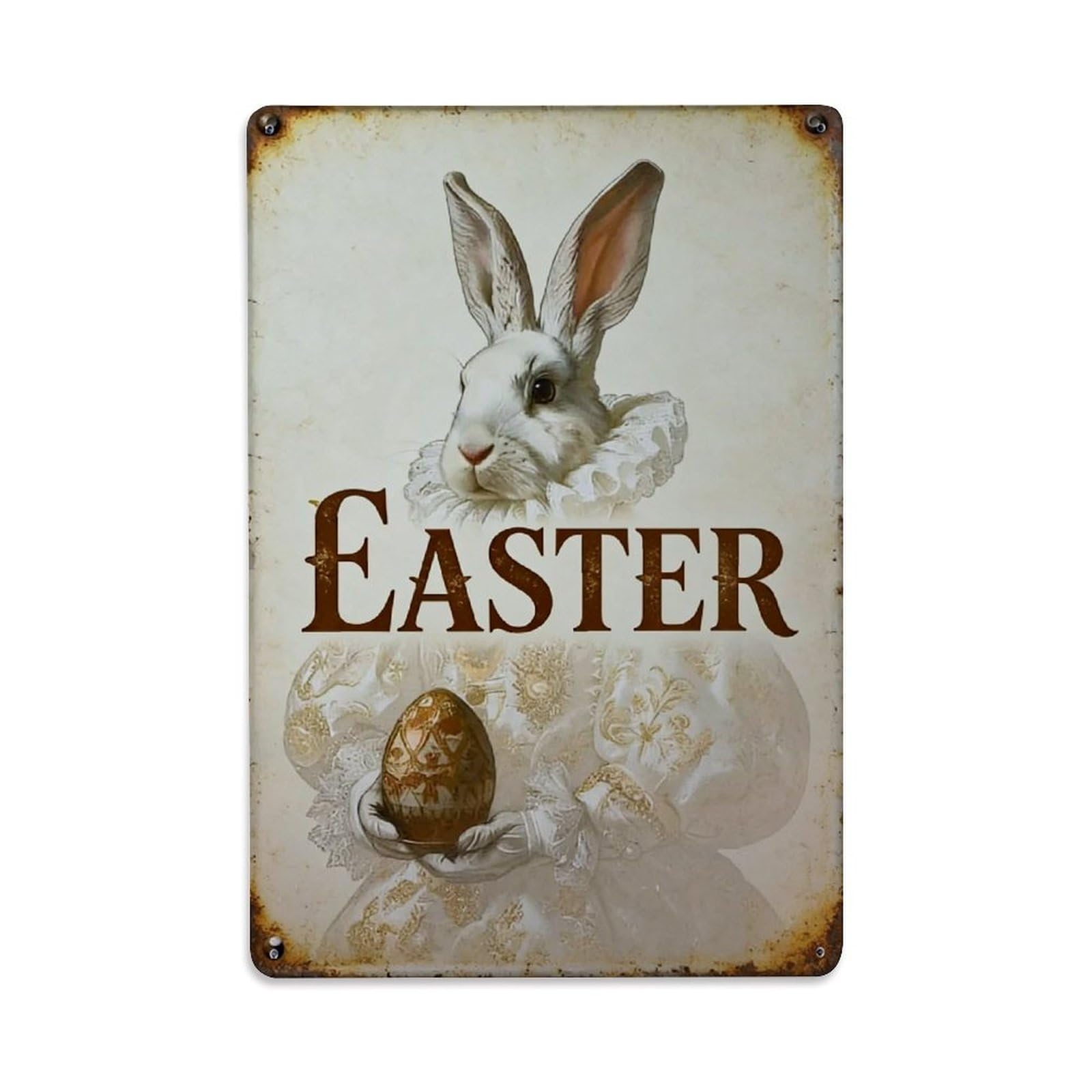 Jdfenggu Vintage Easter Bunny Holding Decorated Egg Retro Metal Tin Sign, Metal Poster For Bar, Home, Man Cave, Kitchen, Laundry Room Art Decor 8X12 Inch