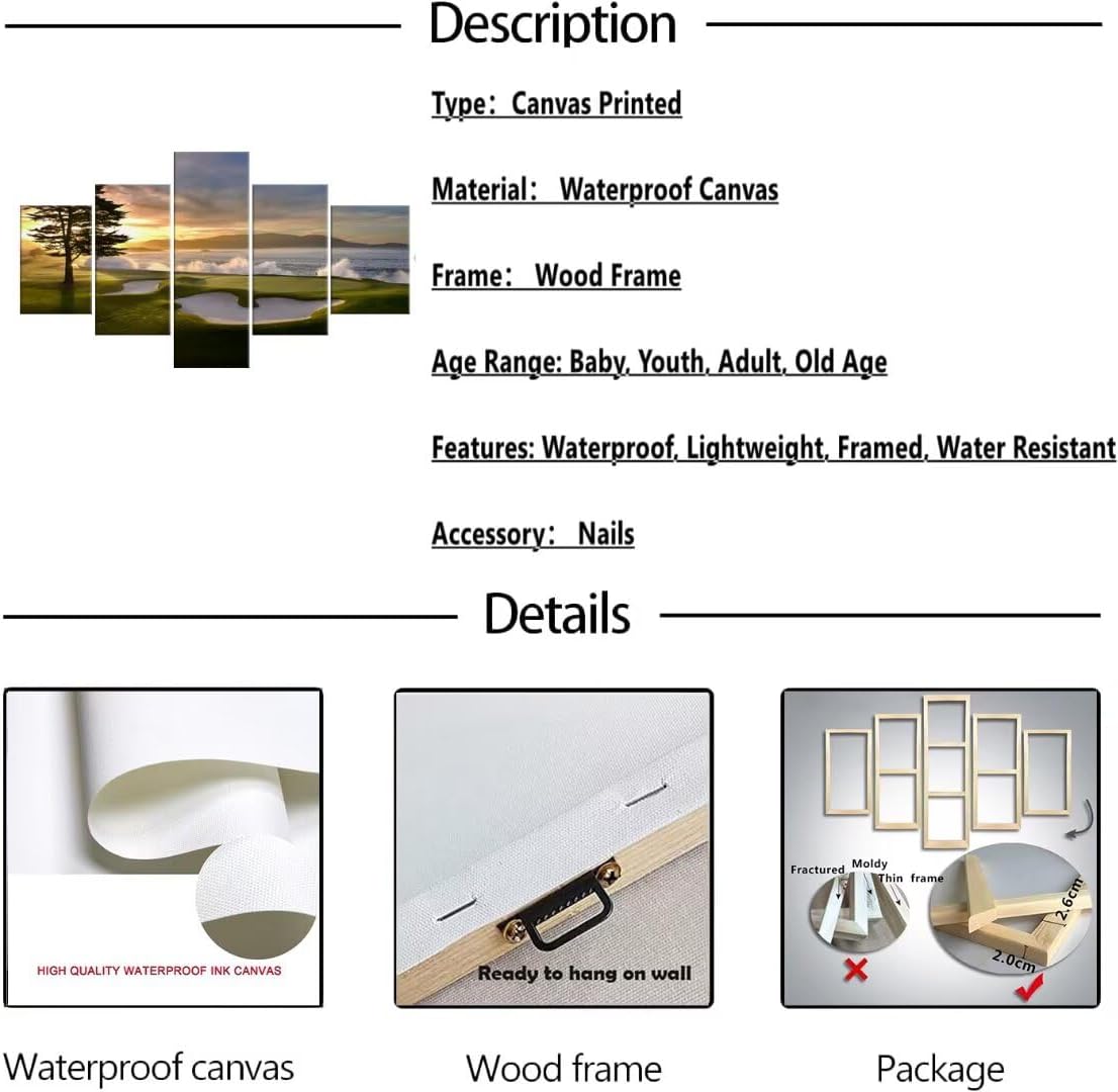 Pebble Beach Golf Course Wall Art for Living Room Bedroom Bathroom Office Wall Decorations Golf Course Pictures Canvas Prints Modern Framed Artwork Ready to Hang(60''W x 32''H) - Image 7