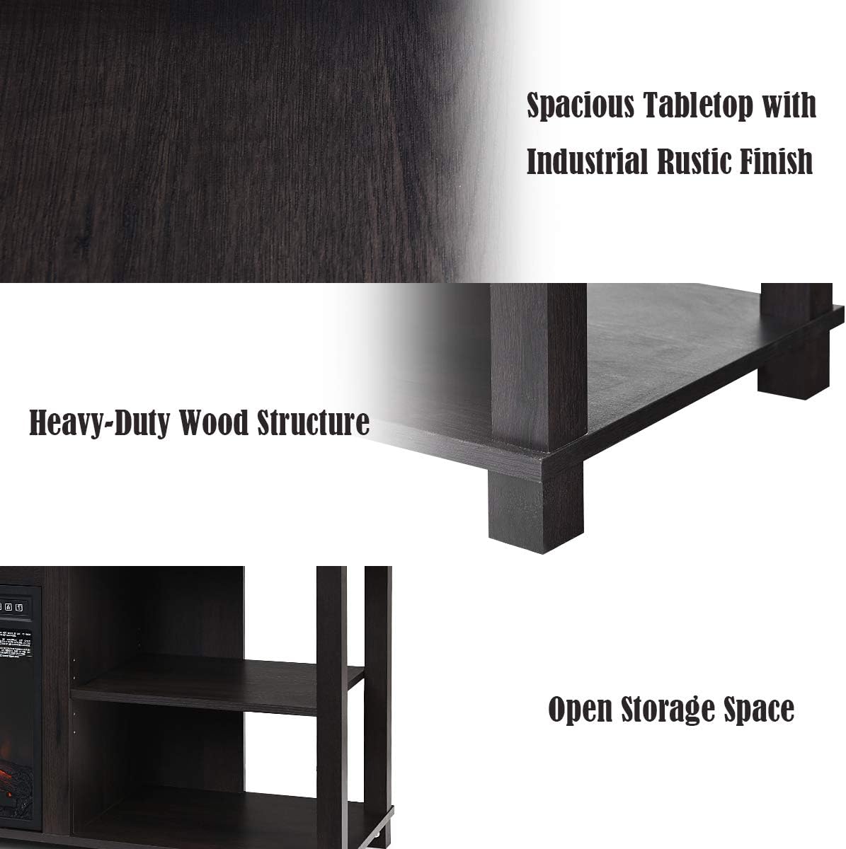 Close-up images detailing the spacious tabletop with industrial rustic finish, heavy-duty wood structure, and open storage space of the Tangkula TV stand.