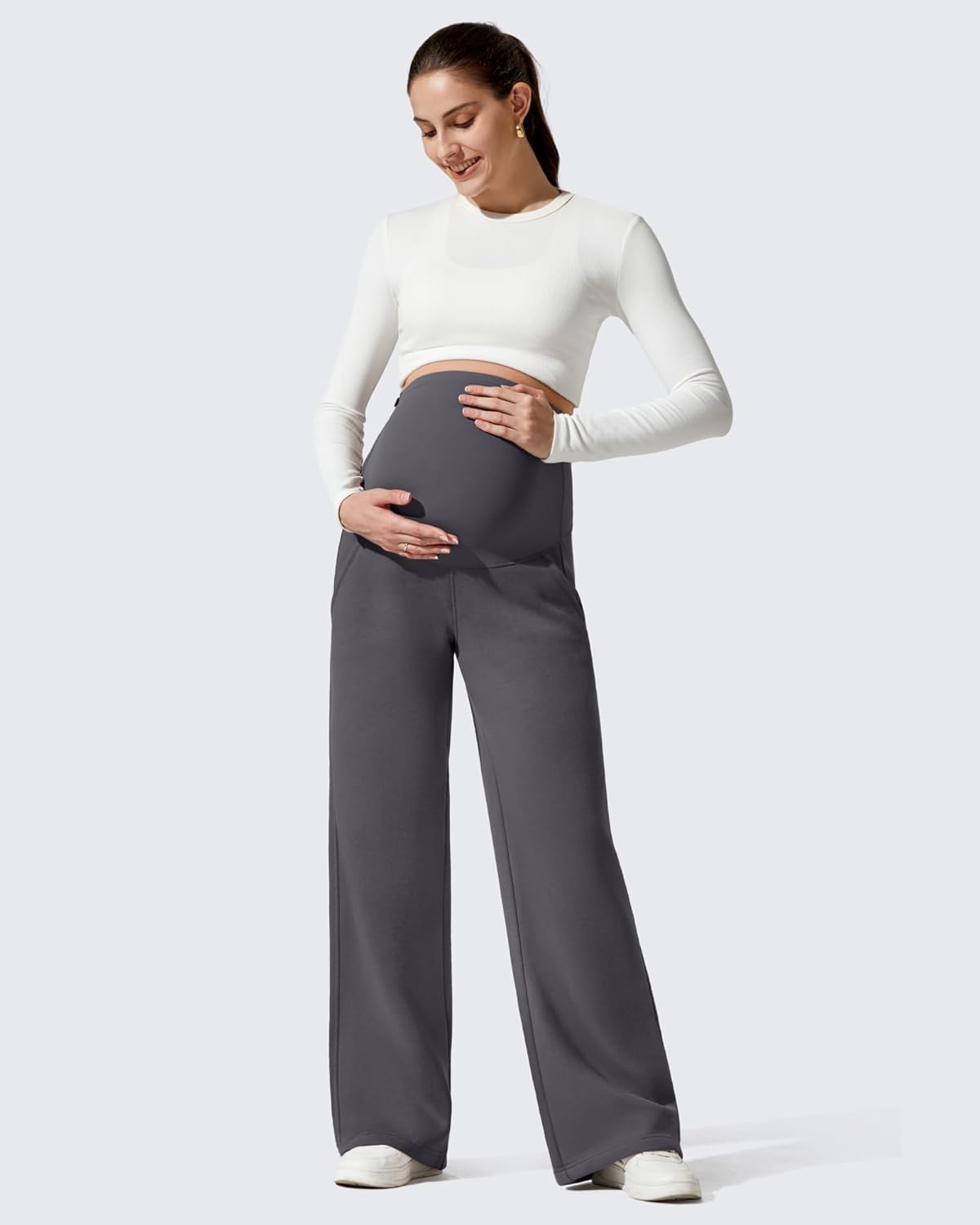 G4Free Flurrylux Fleece Lined Maternity Wide Leg Pants Cotton Over The Belly Pregnancy Sweatpants