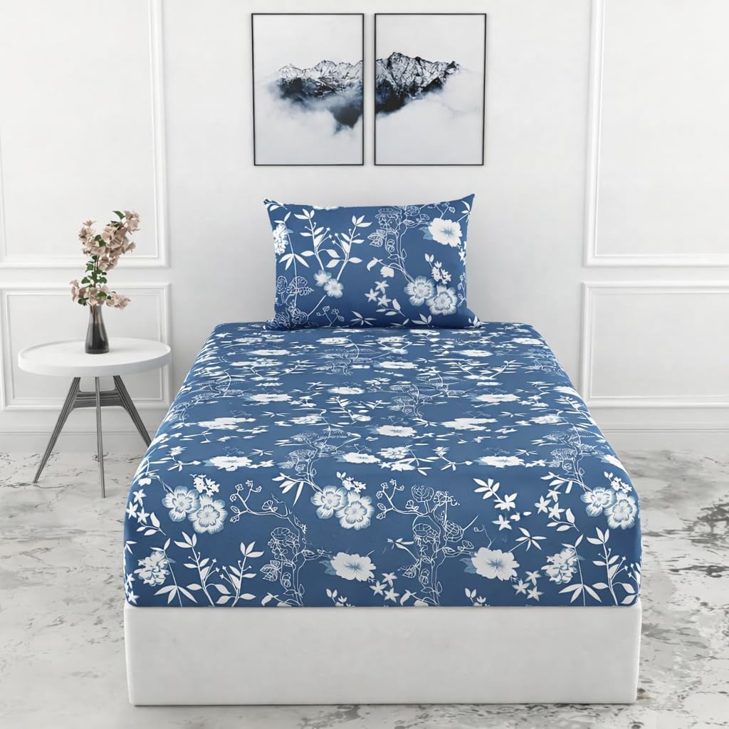 Blue Strip Polycotton Fitted Bedsheet, Single 42x75 (Blue Gulab) | 300 TC, elastic all-round grip, deep pocket, soft, breathable, colourfast, non-shrink, wrinkle resistant, machine washable