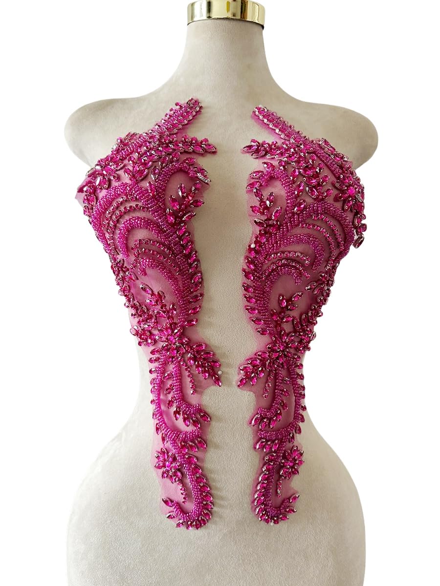 BDACY.HCMYHandmade Rhinestones on Lace Applique Trim Sewing Beads Sequins Trim Patches for Wedding Dress Accessories 1Pair/Bag 5.9X21inches (Rose red)