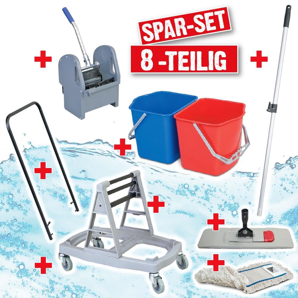 BRB Komplett-Set 8-teilig, Reinigungswagen mit 2 Eimern 17 Liter, Mopppresse, Alu-Teleskopstiel, Mopp-Halter, Profi-Wischmopp, Warnschild