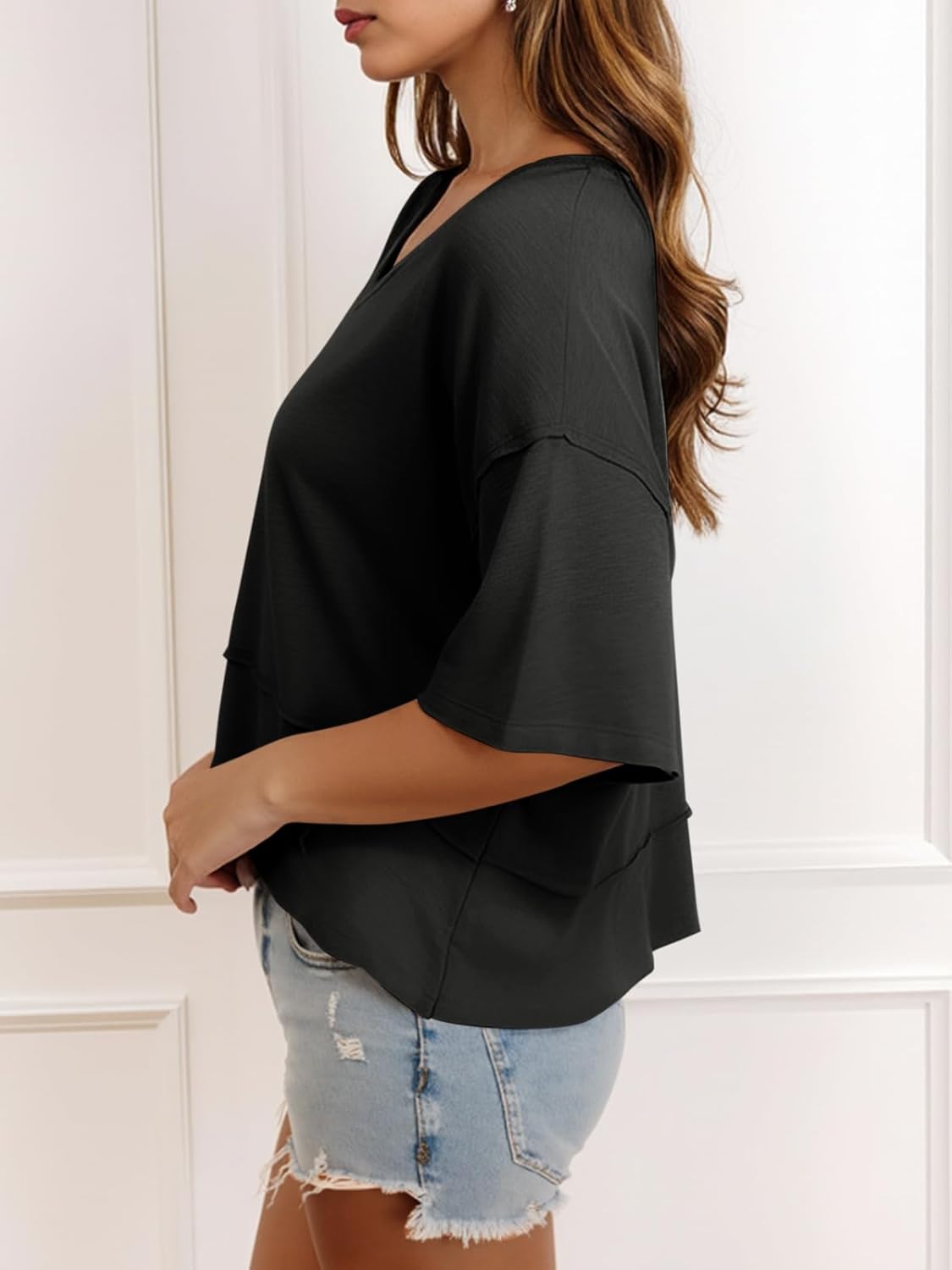 Cicy Bell Womens Oversized Crop T-Shirts Summer V Neck Short Sleeve Tops Casual Loose Fit Curved Hem Boxy Tee Shirt - Image 3