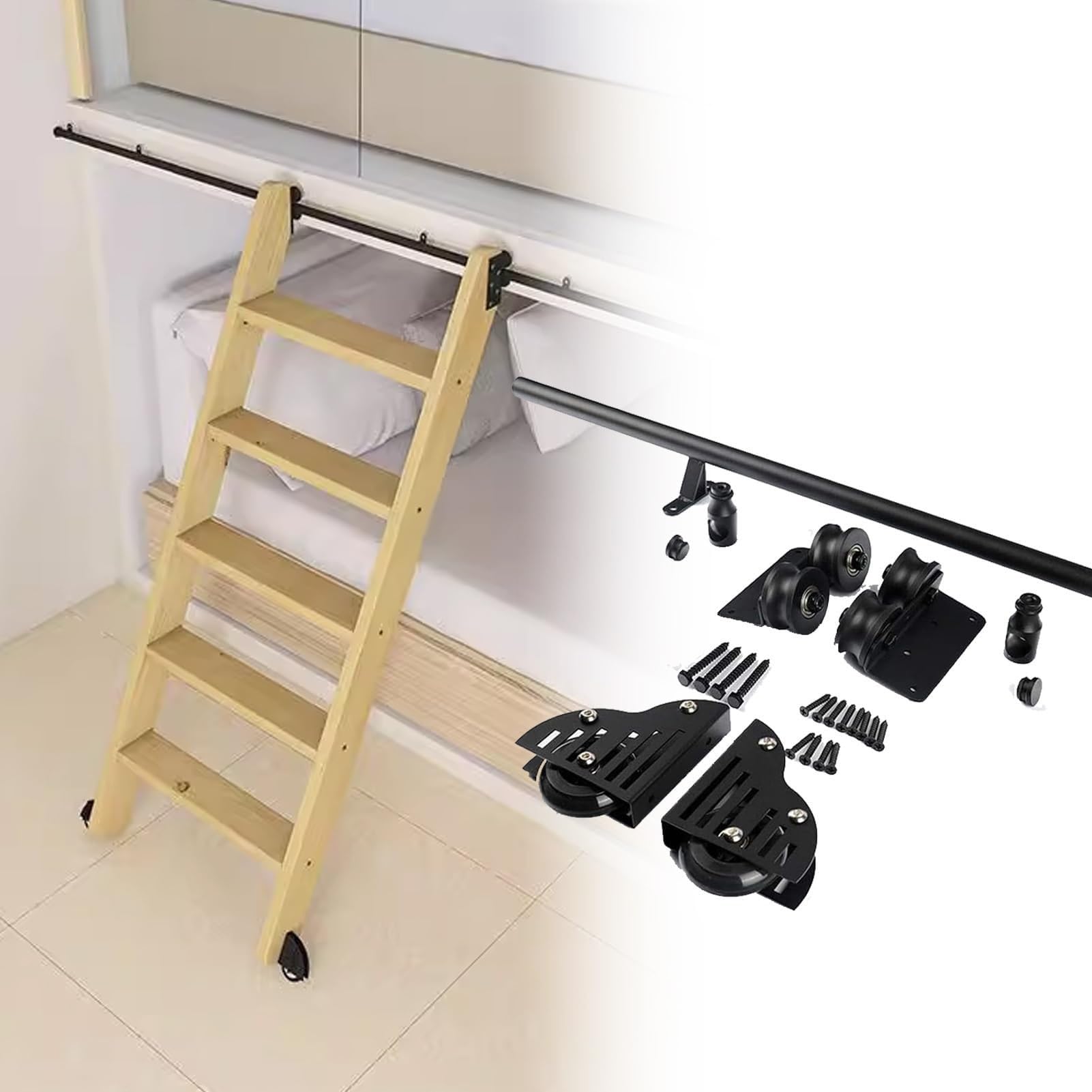 OOPDNEGAK Library Sliding Ladder Hardware Kit, Rolling Library Ladde Rails Black Steel Mobile Ladder Tracks Rail With Brake Floor Wheel, No Ladde, Full Set Track Kit Ladder(400cm(13.1 ft) track kit)