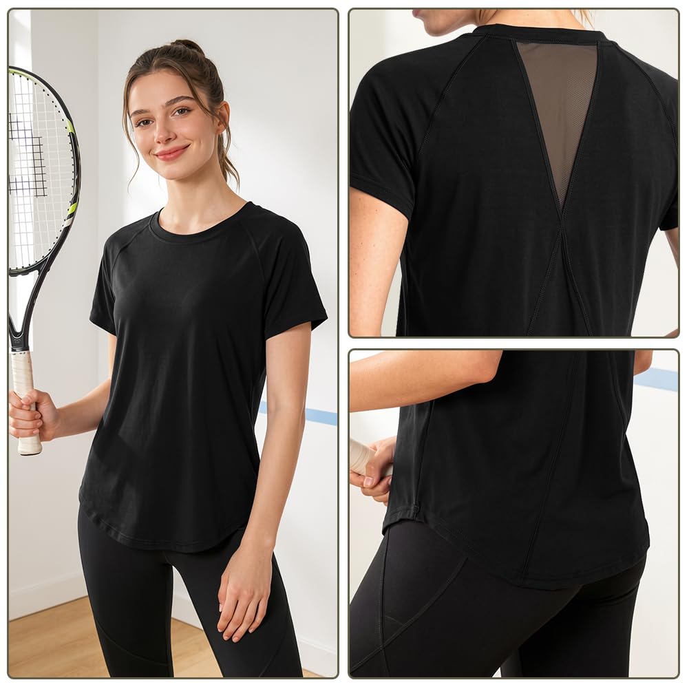 DiULi Camiseta Deportiva Mujer Manga Corta con Malla Espalda Ajuste Holgado Ropa Entrenamiento Atlético Yoga Pilates Fitness Top
