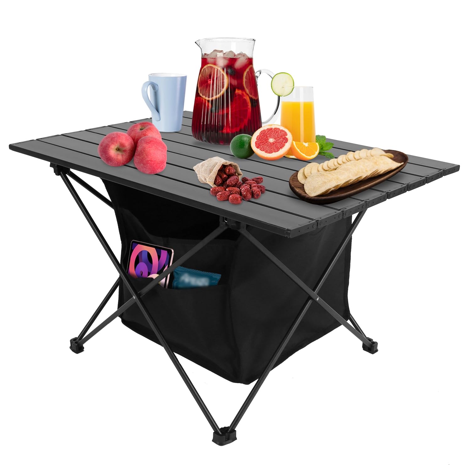 TeqHome Portable Camping Table, Camping Table Foldable with Basket Storage and Carrying Bag, Ultralight Aluminum Alloy Beach Table for Camping Picnic BBQ Beach Party