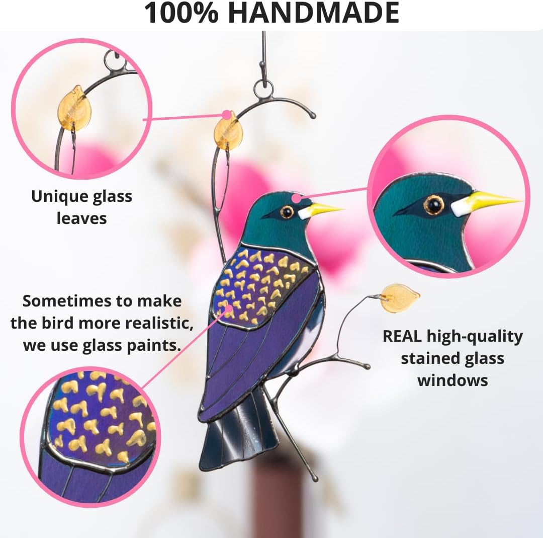 European Starling Bird Handmade Stained Glass Suncatcher Genuine Stained Glass Window Hanging Unique Indoor Ornament & Outdoor Decor